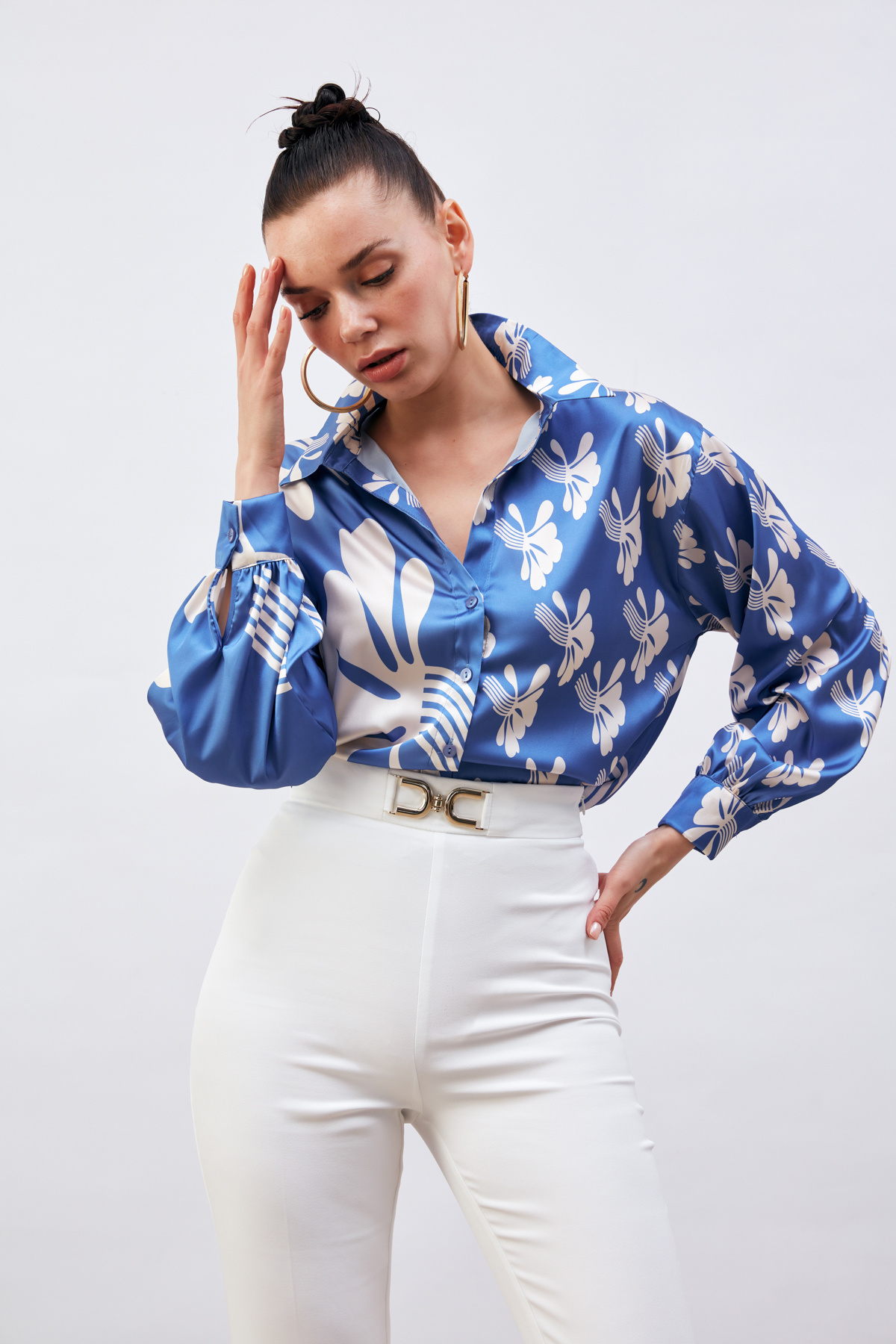 Salaş Desenli Gömlek - SAX MAVİ-BEJ