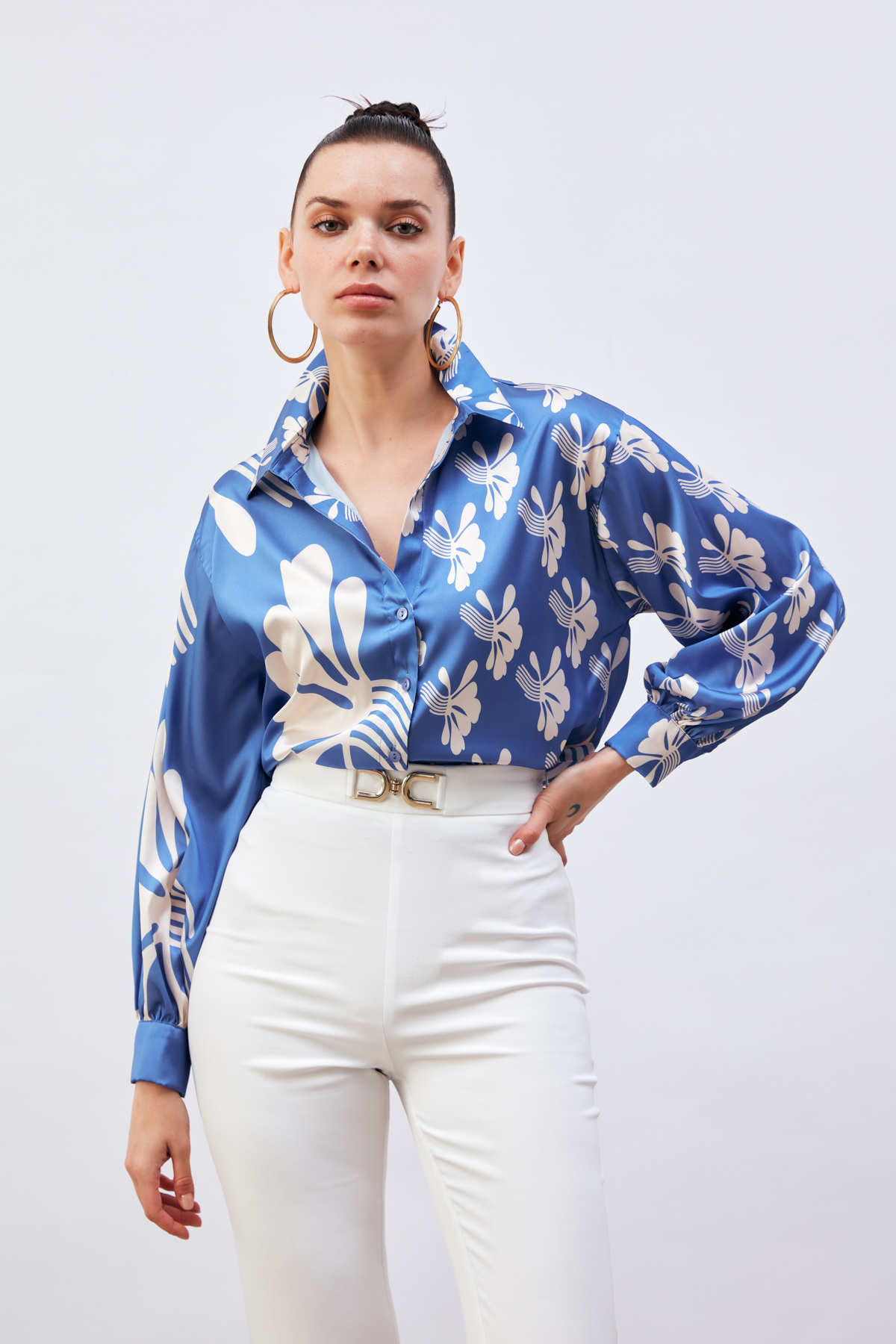 Salaş Desenli Gömlek - SAX MAVİ-BEJ