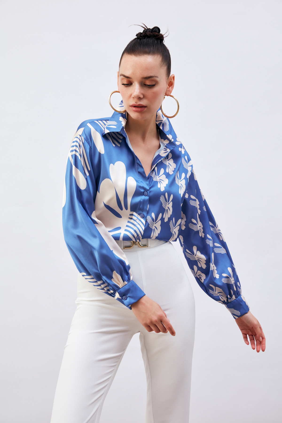 Salaş Desenli Gömlek - SAX MAVİ-BEJ