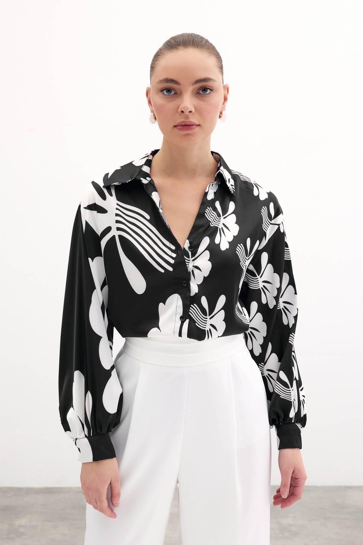 Salaş Desenli Gömlek - Siyah-Ekru