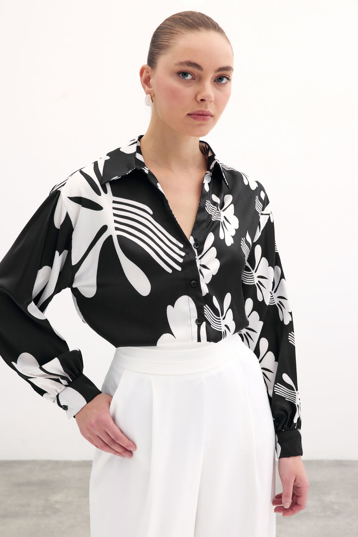 Salaş Desenli Gömlek - Siyah-Ekru