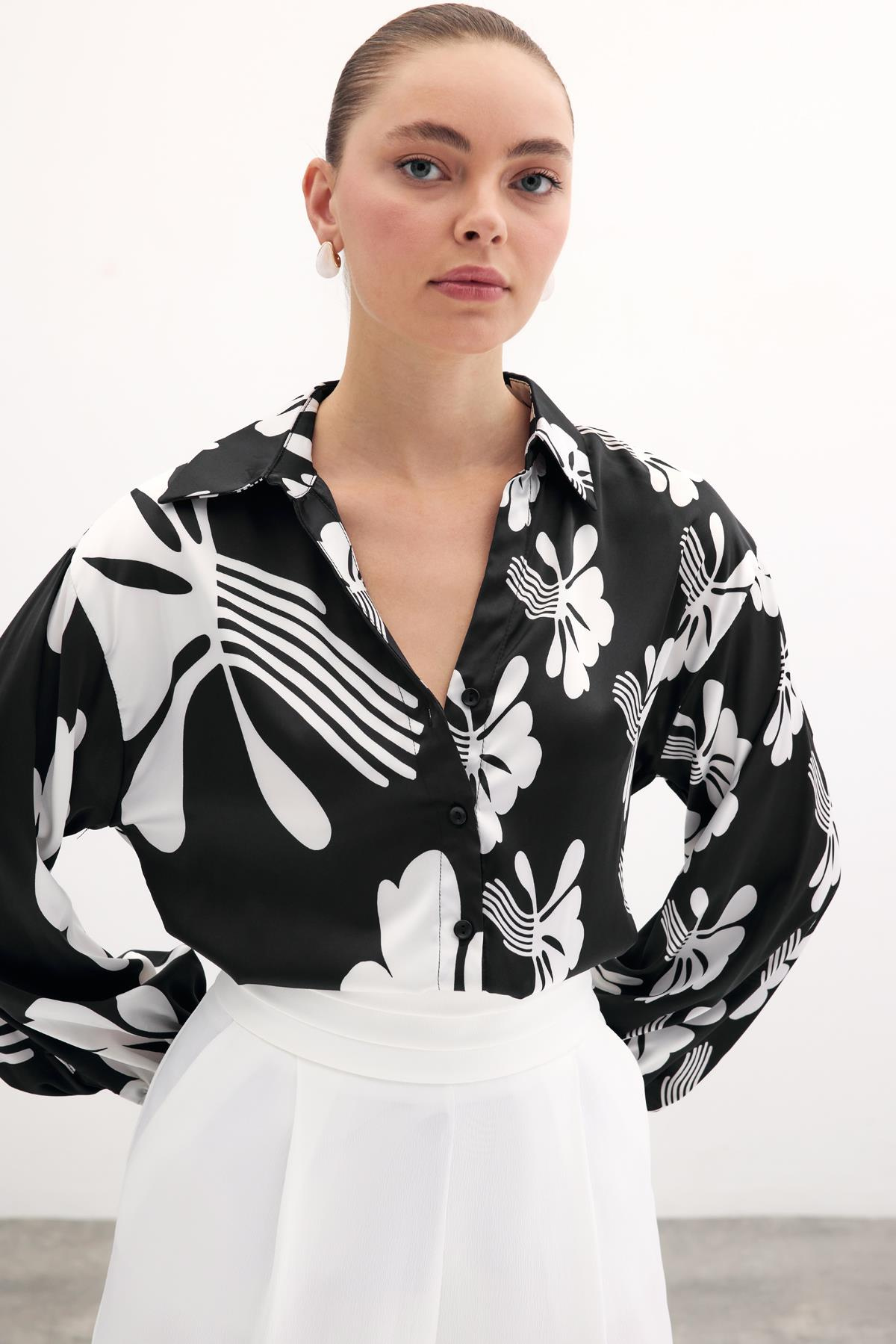 Salaş Desenli Gömlek - Siyah-Ekru