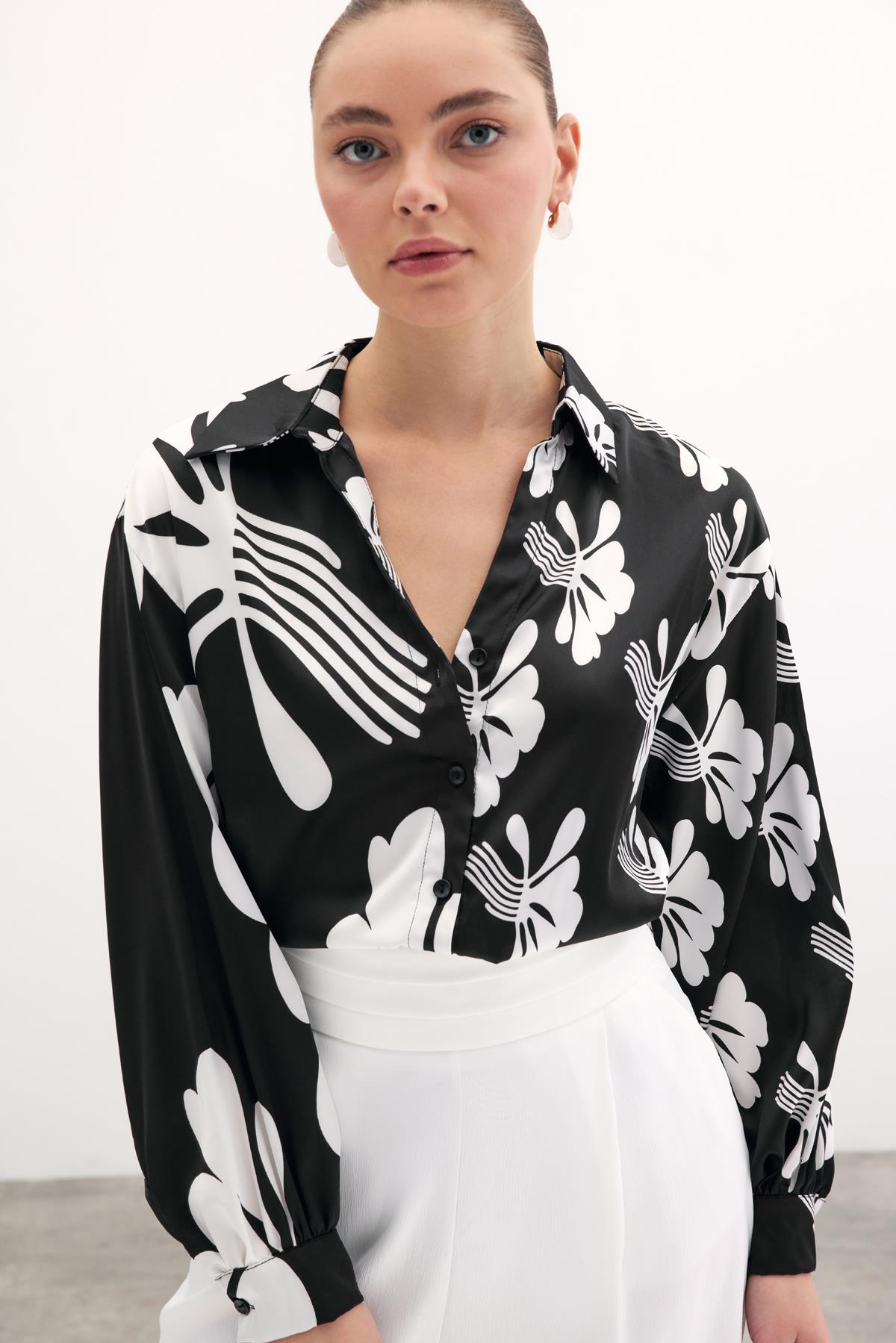 Salaş Desenli Gömlek - Siyah-Ekru