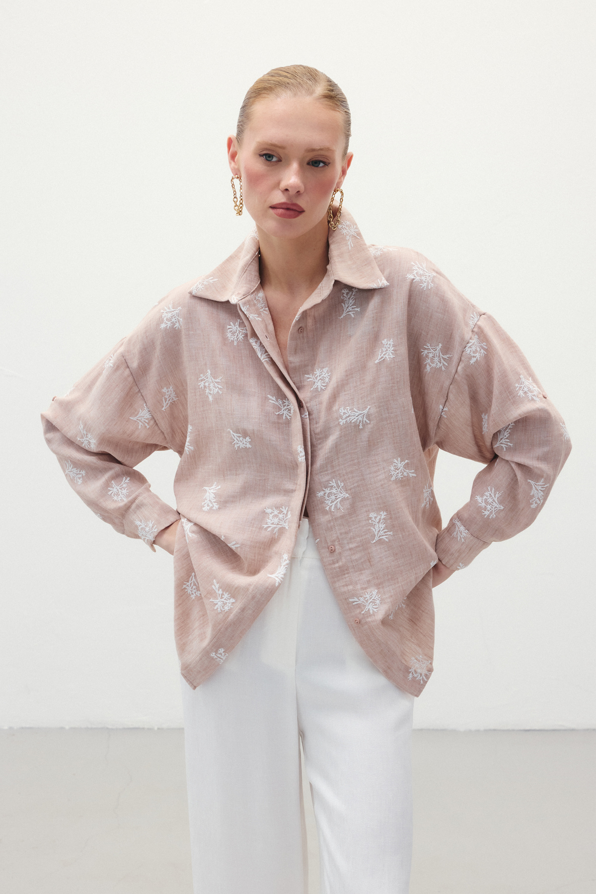 Salaş Nakışlı Gömlek - Pudra