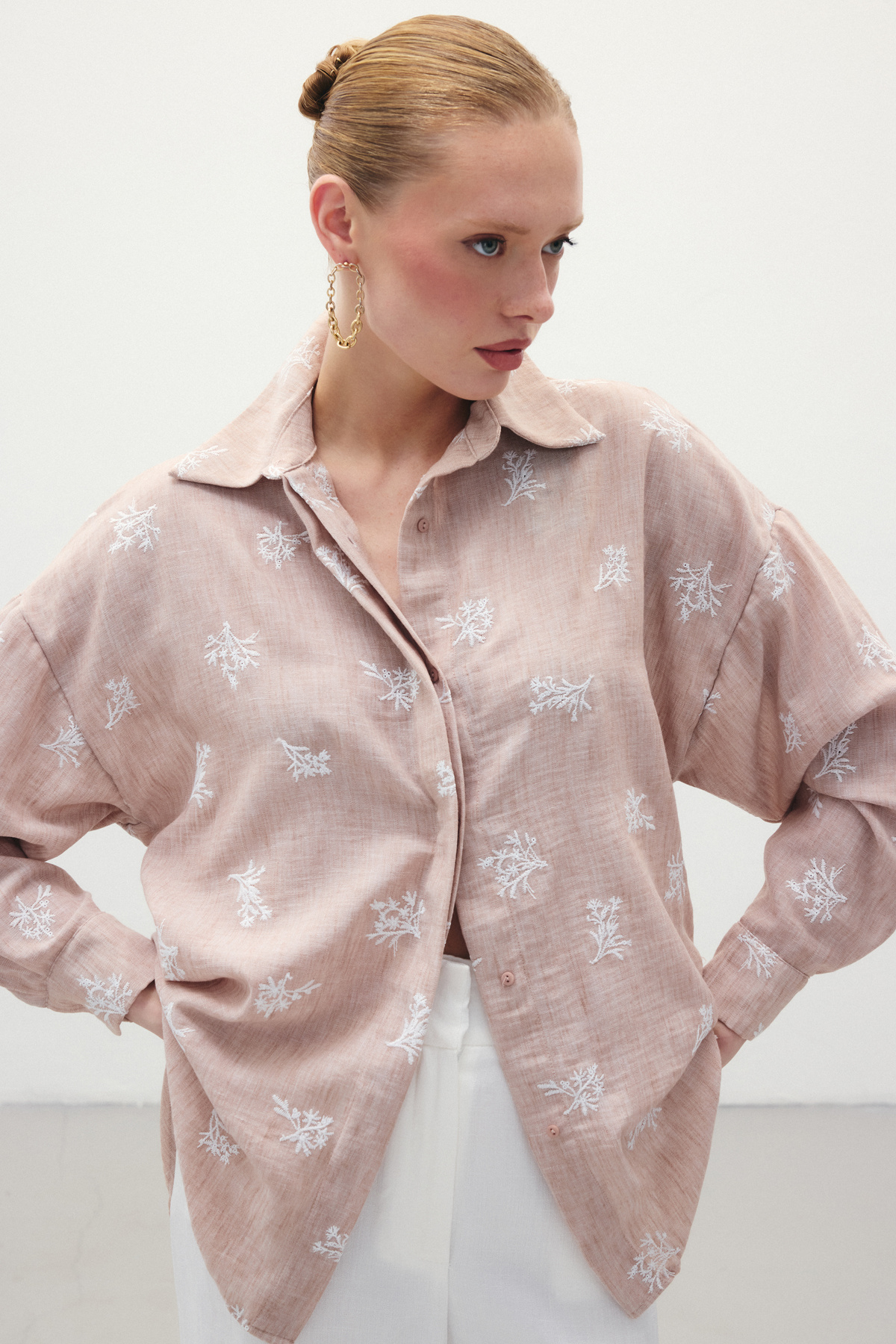 Salaş Nakışlı Gömlek - Pudra