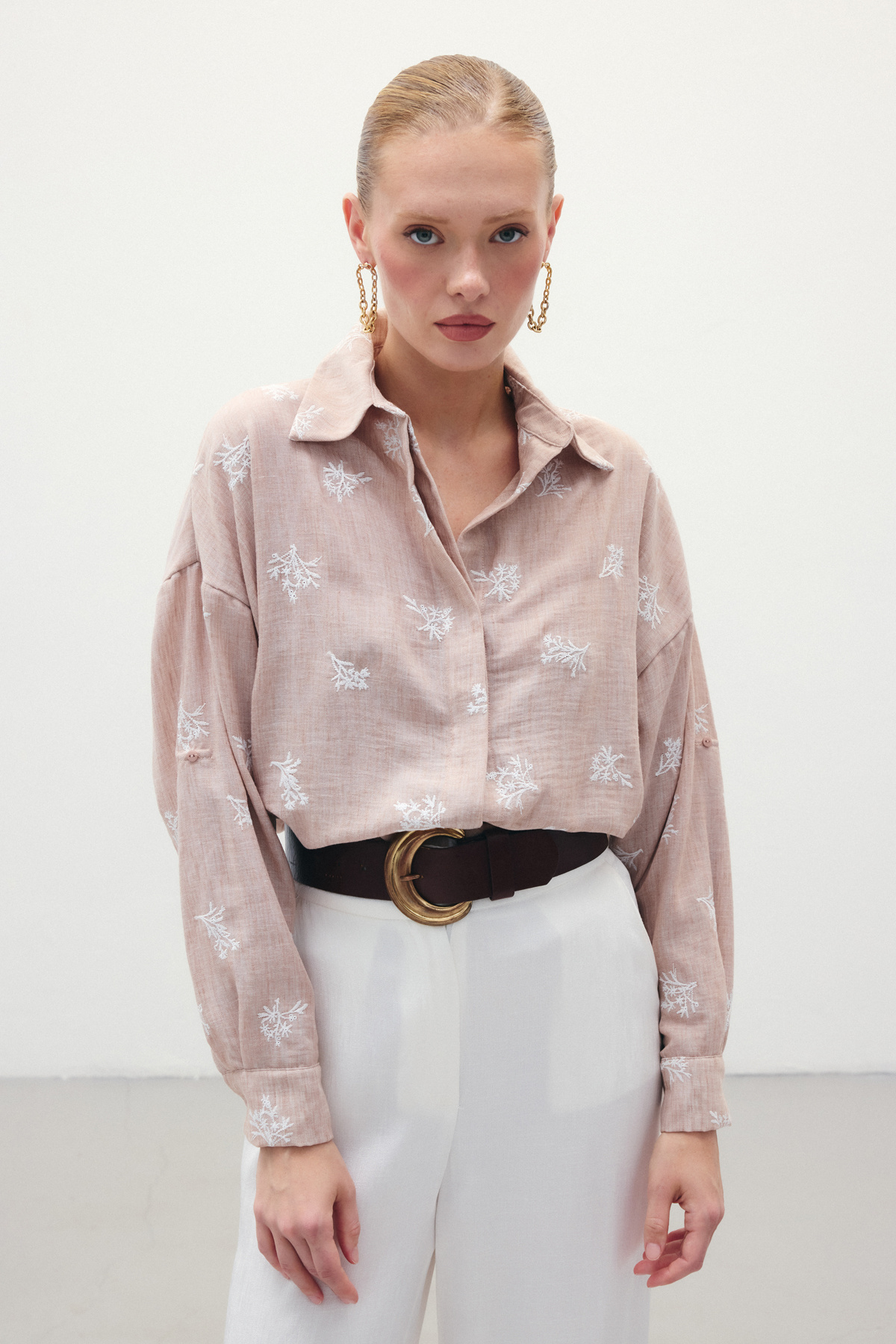 Salaş Nakışlı Gömlek - Pudra