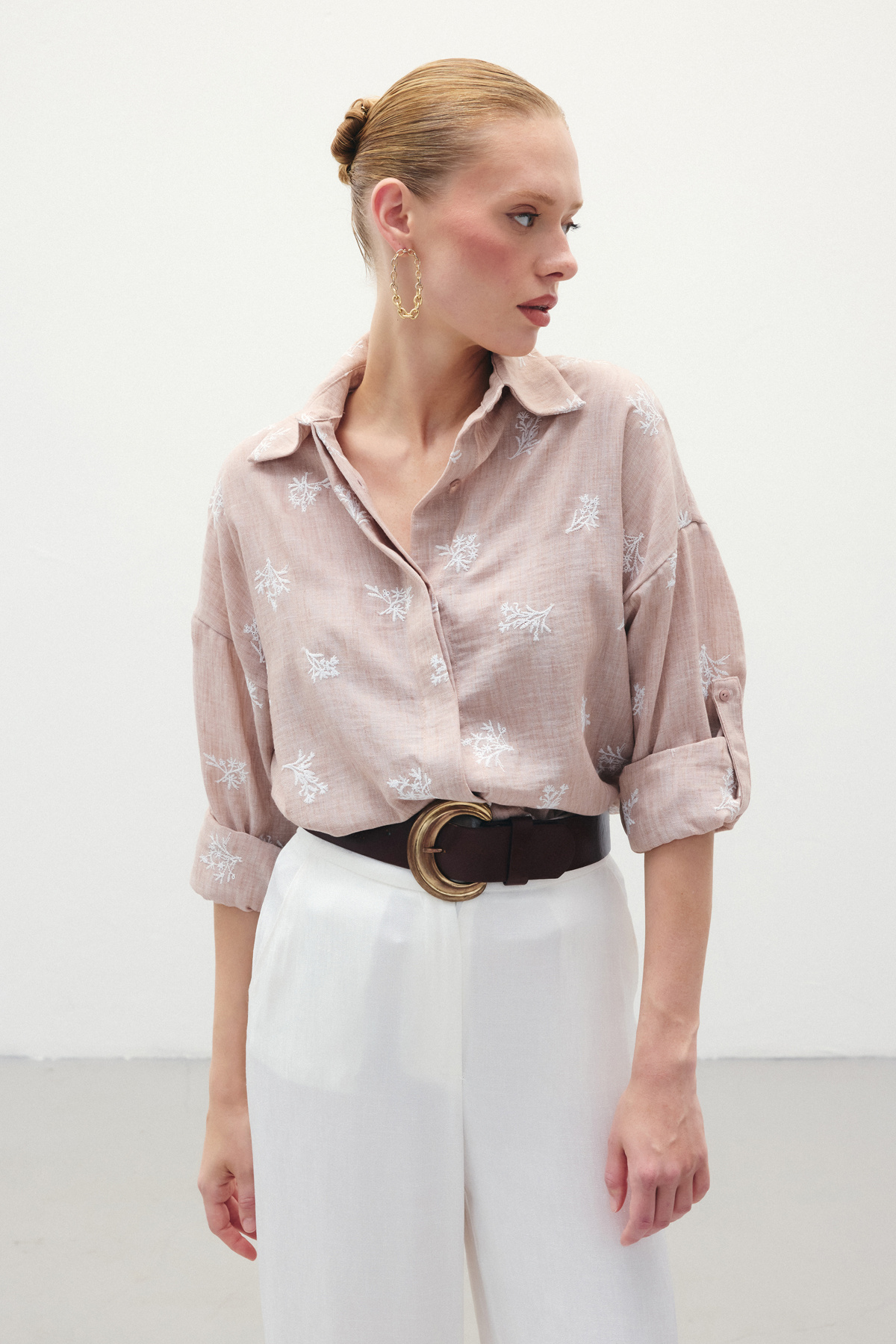 Salaş Nakışlı Gömlek - Pudra