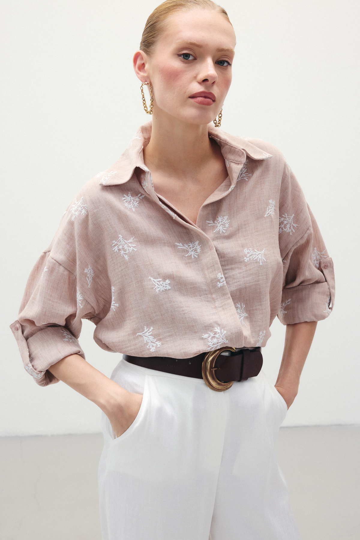 Salaş Nakışlı Gömlek - Pudra
