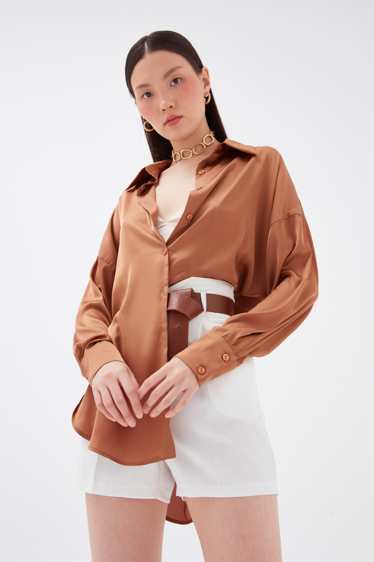 shabby satin shirt - CAMEL