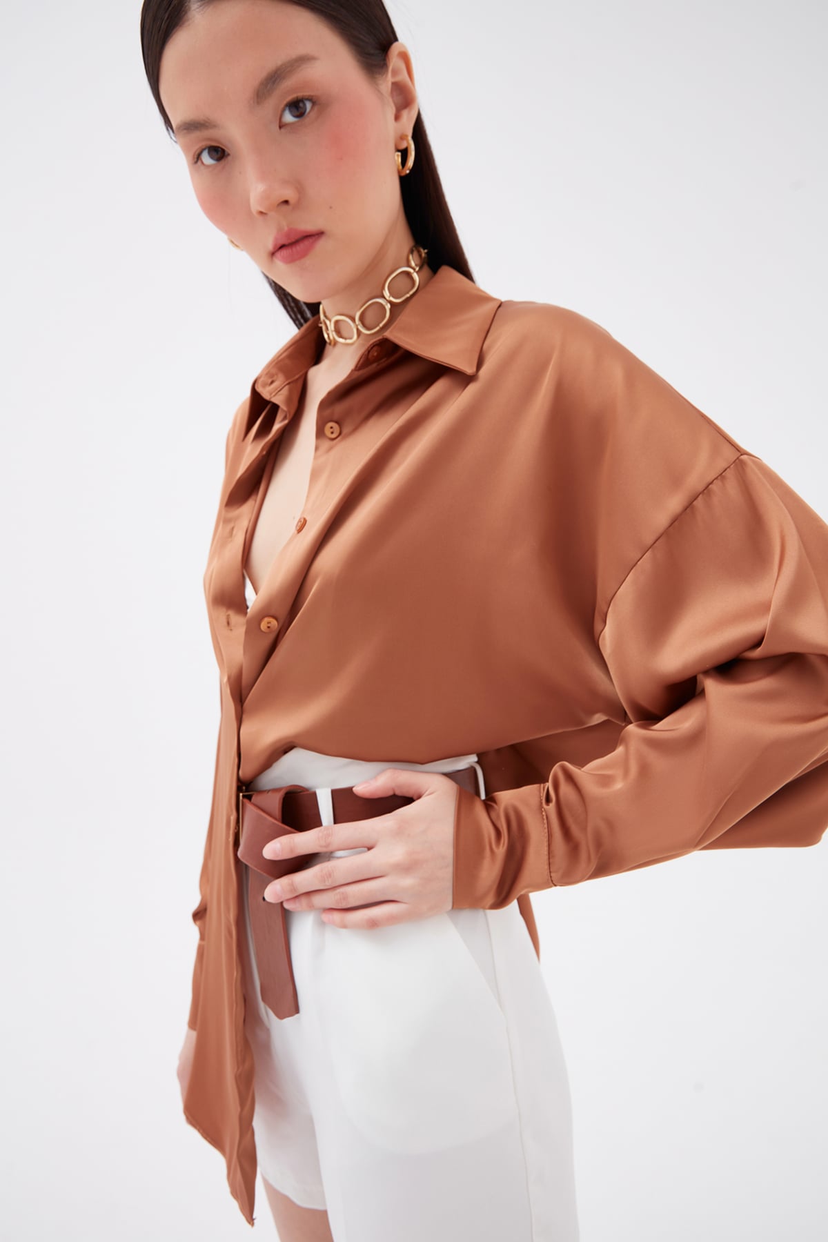 shabby satin shirt - CAMEL