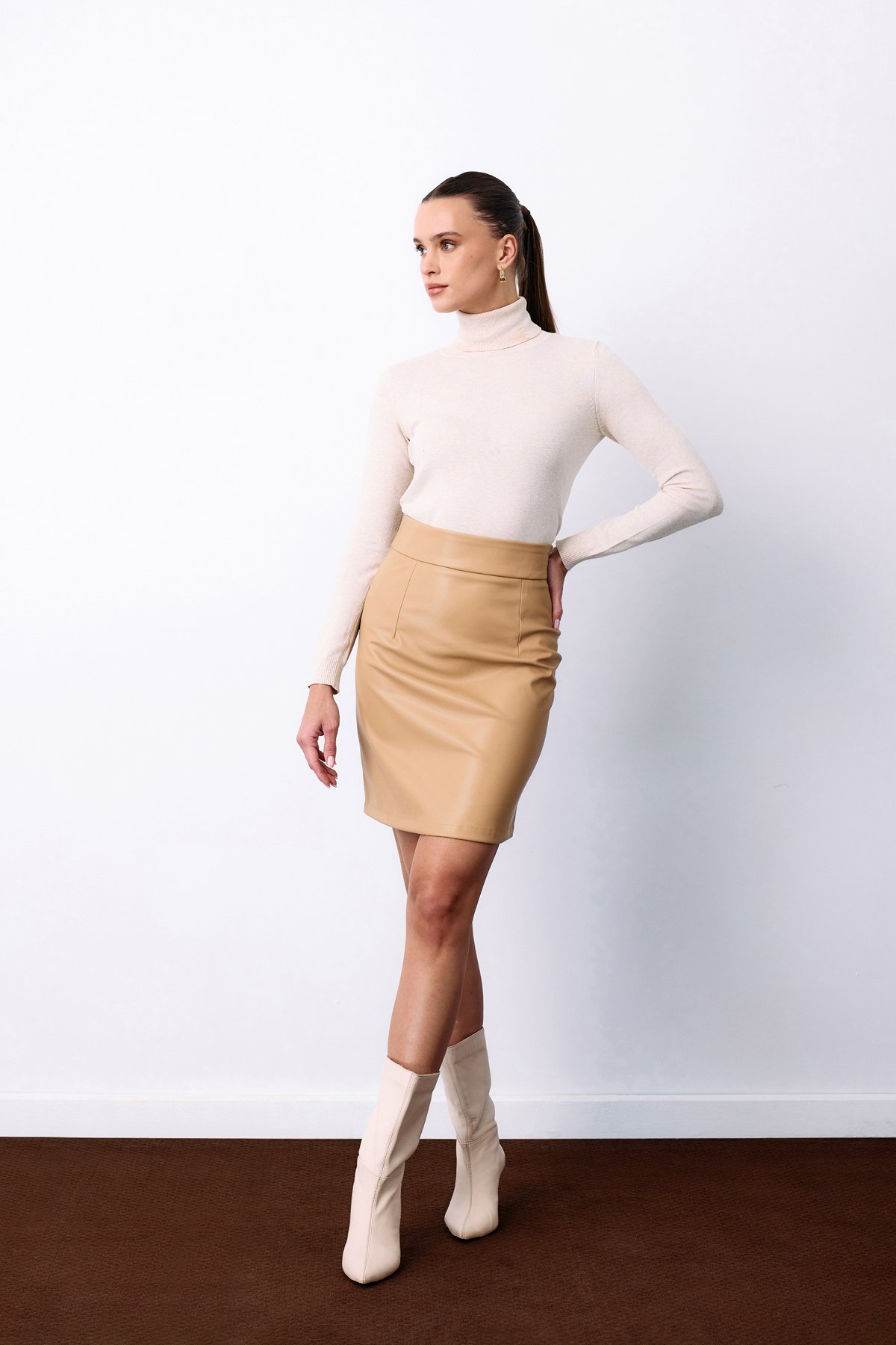 Şardonlu Deri Etek - Bej