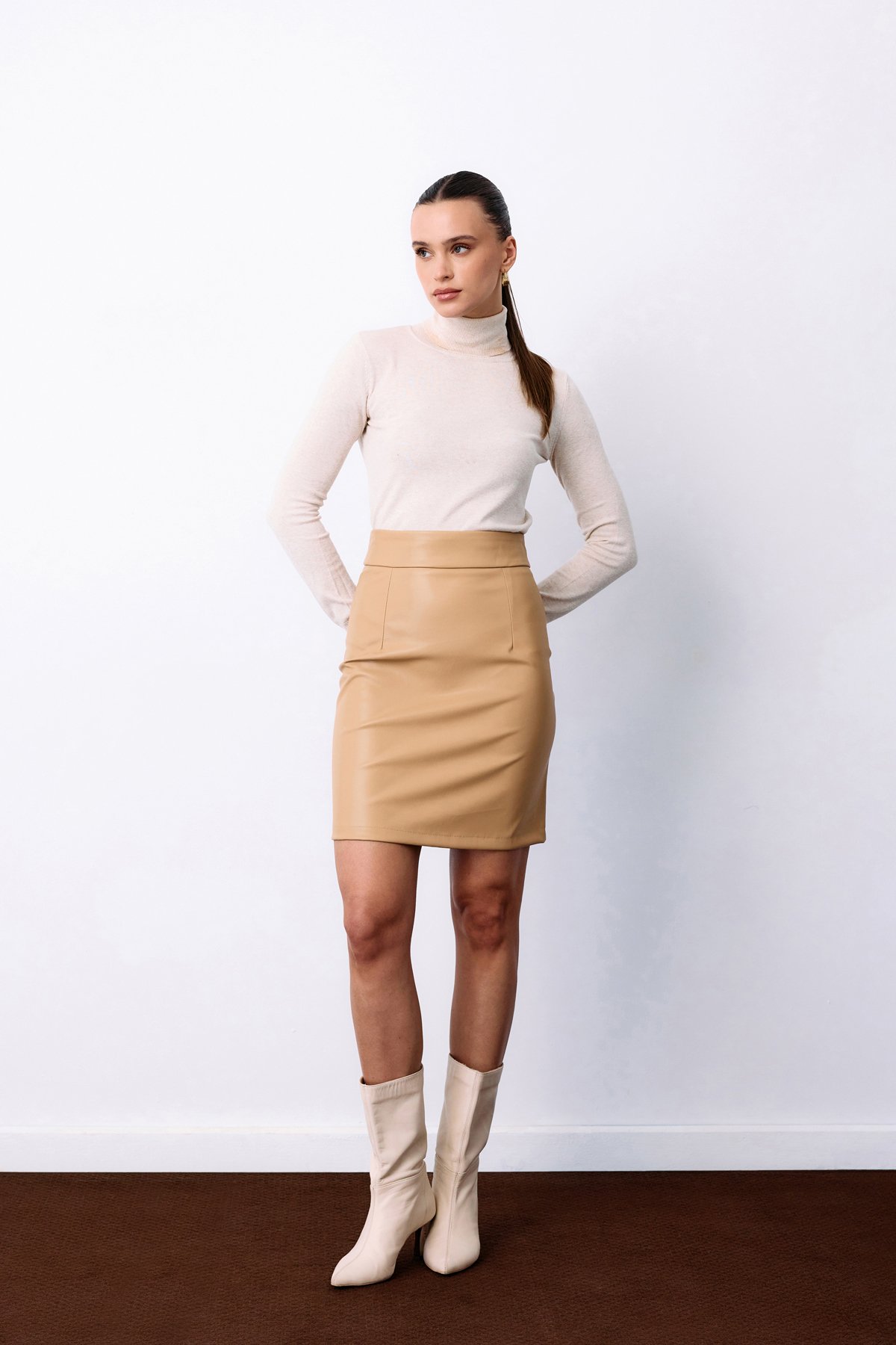 Şardonlu Deri Etek - Bej
