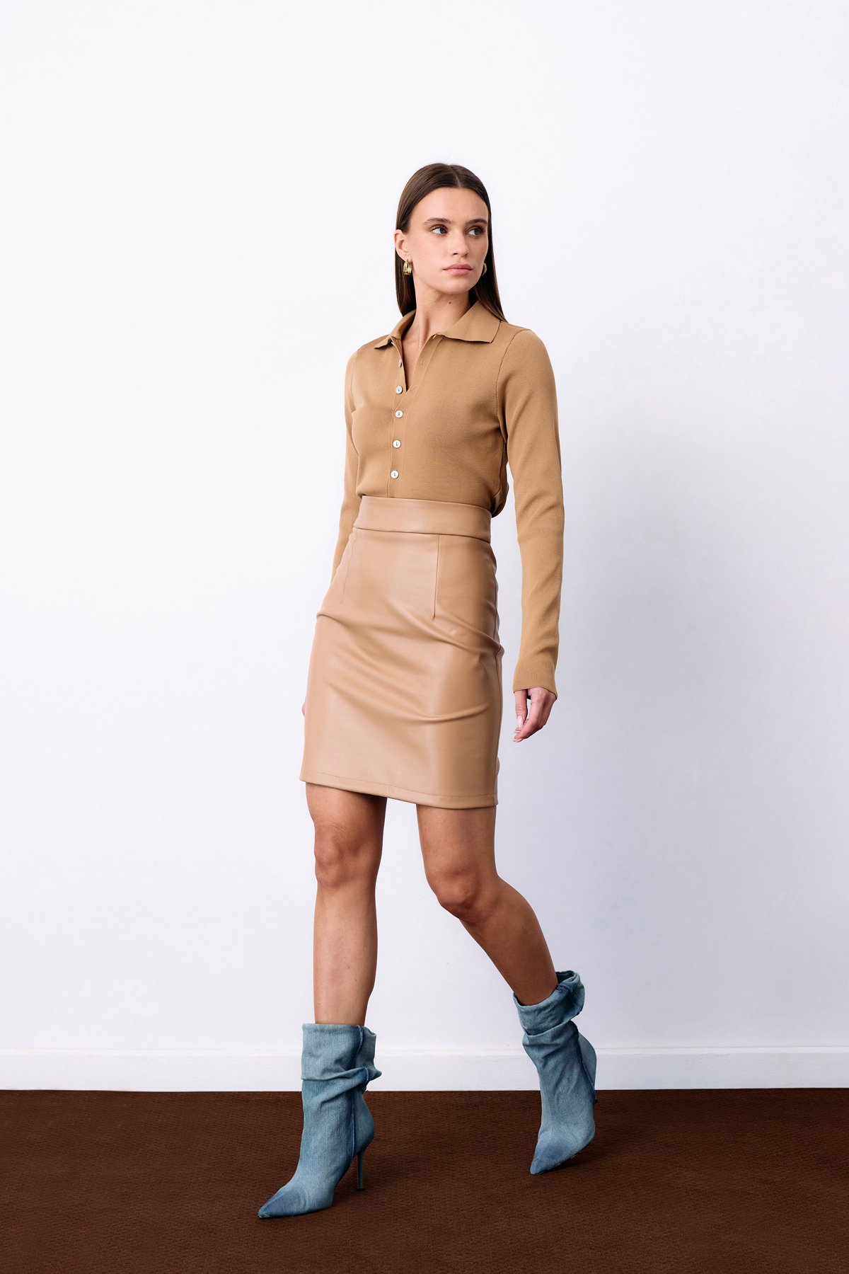 Şardonlu Deri Etek - Camel