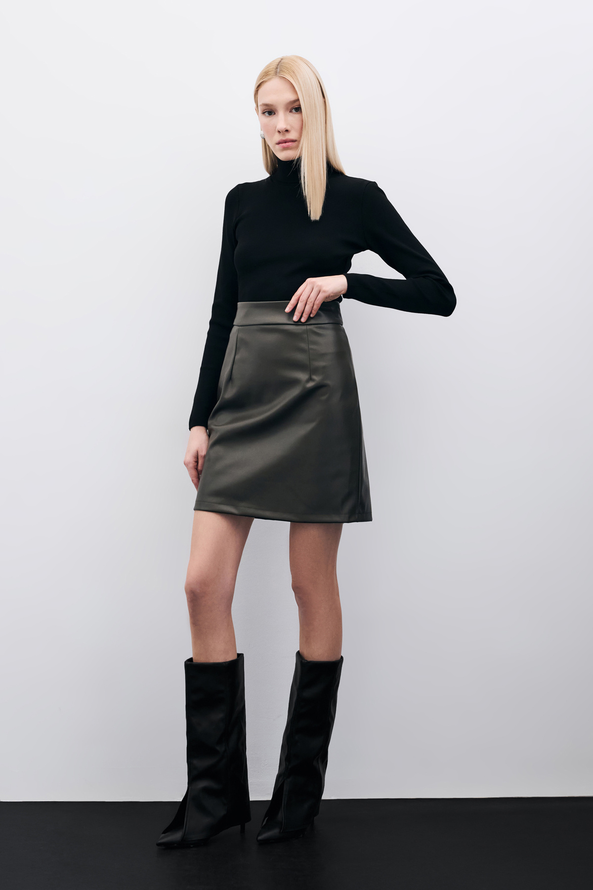 Şardonlu Deri Etek - Haki