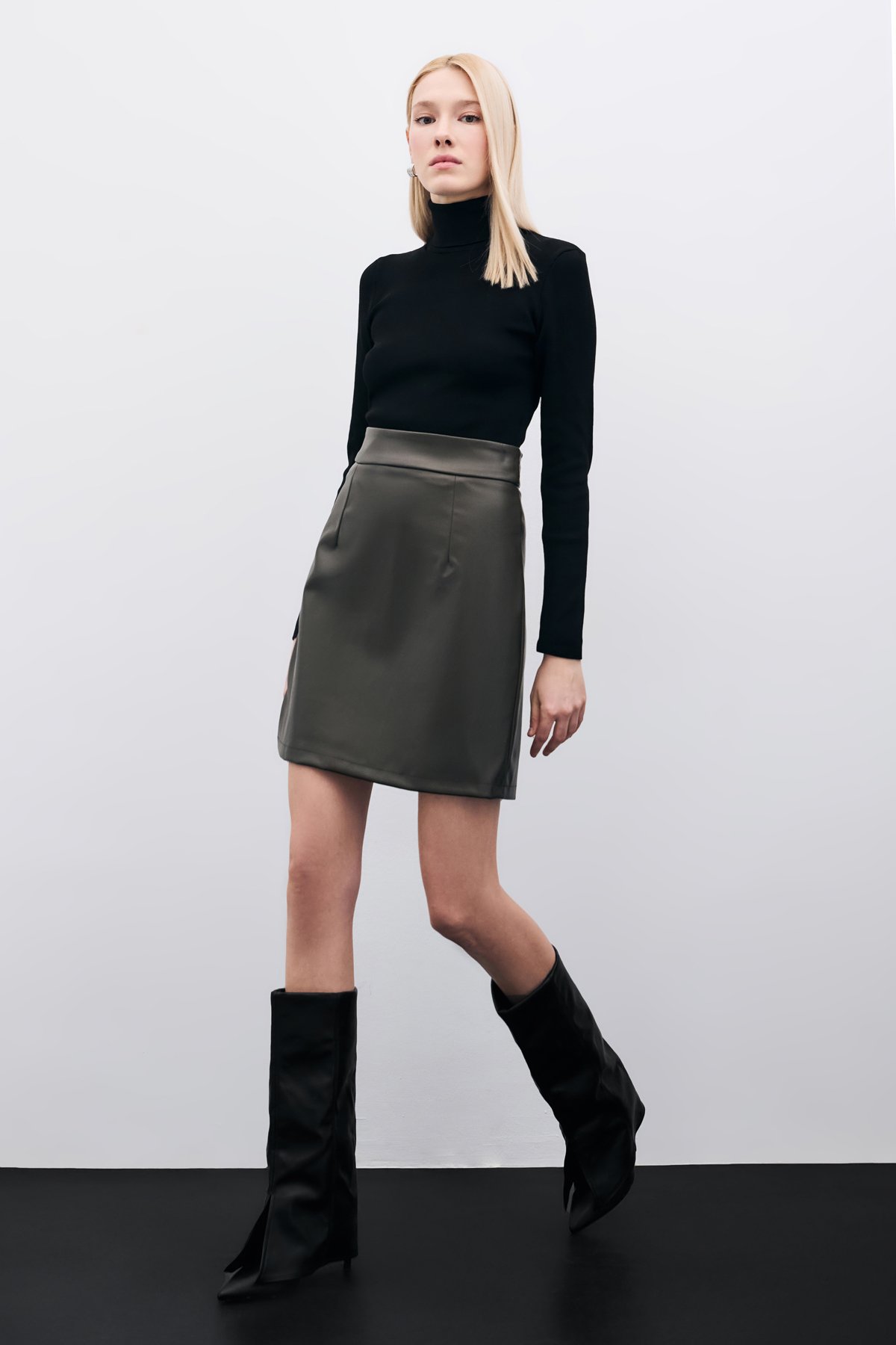 Şardonlu Deri Etek - Haki