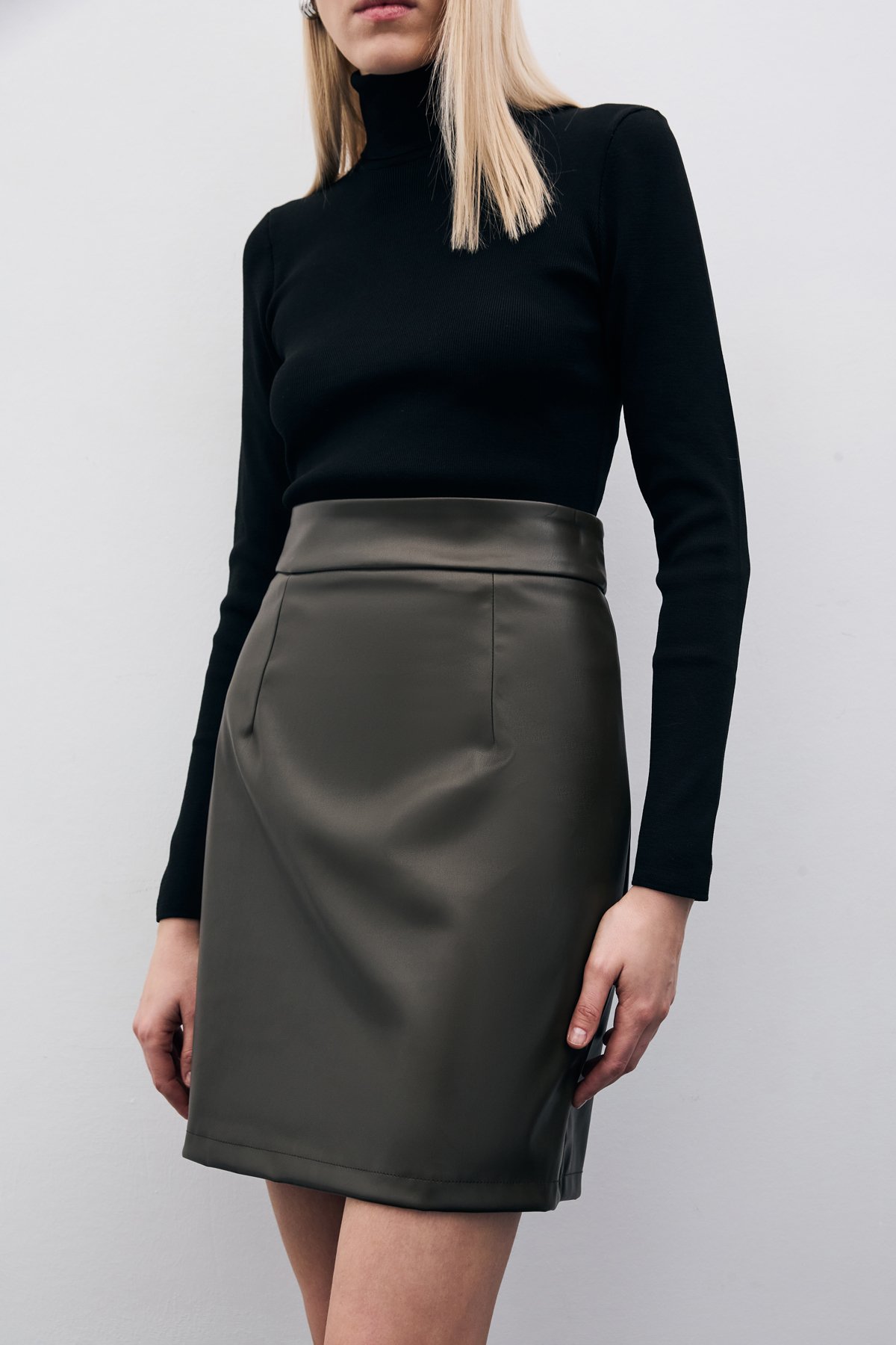 Şardonlu Deri Etek - Haki