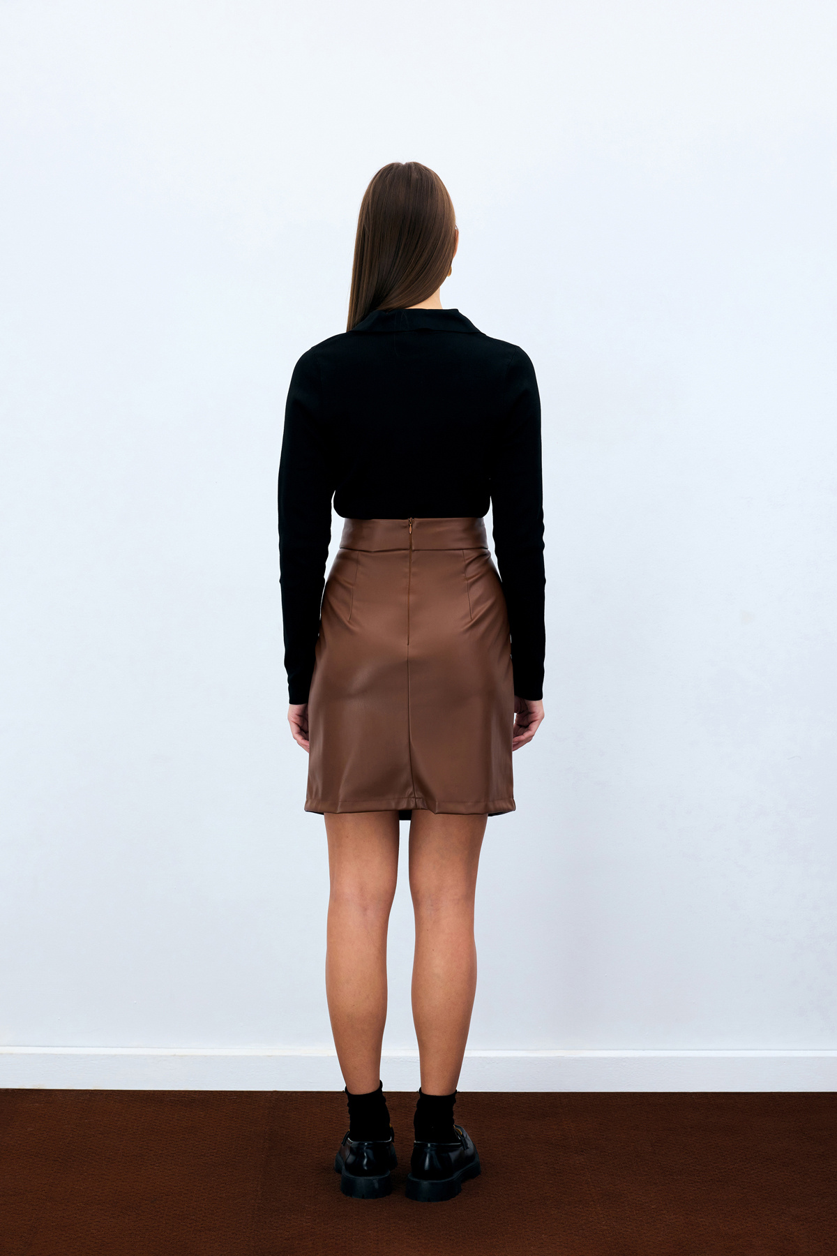 Şardonlu Deri Etek - Kahve