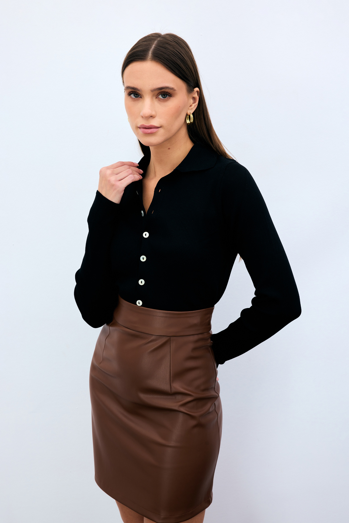 Şardonlu Deri Etek - Kahve