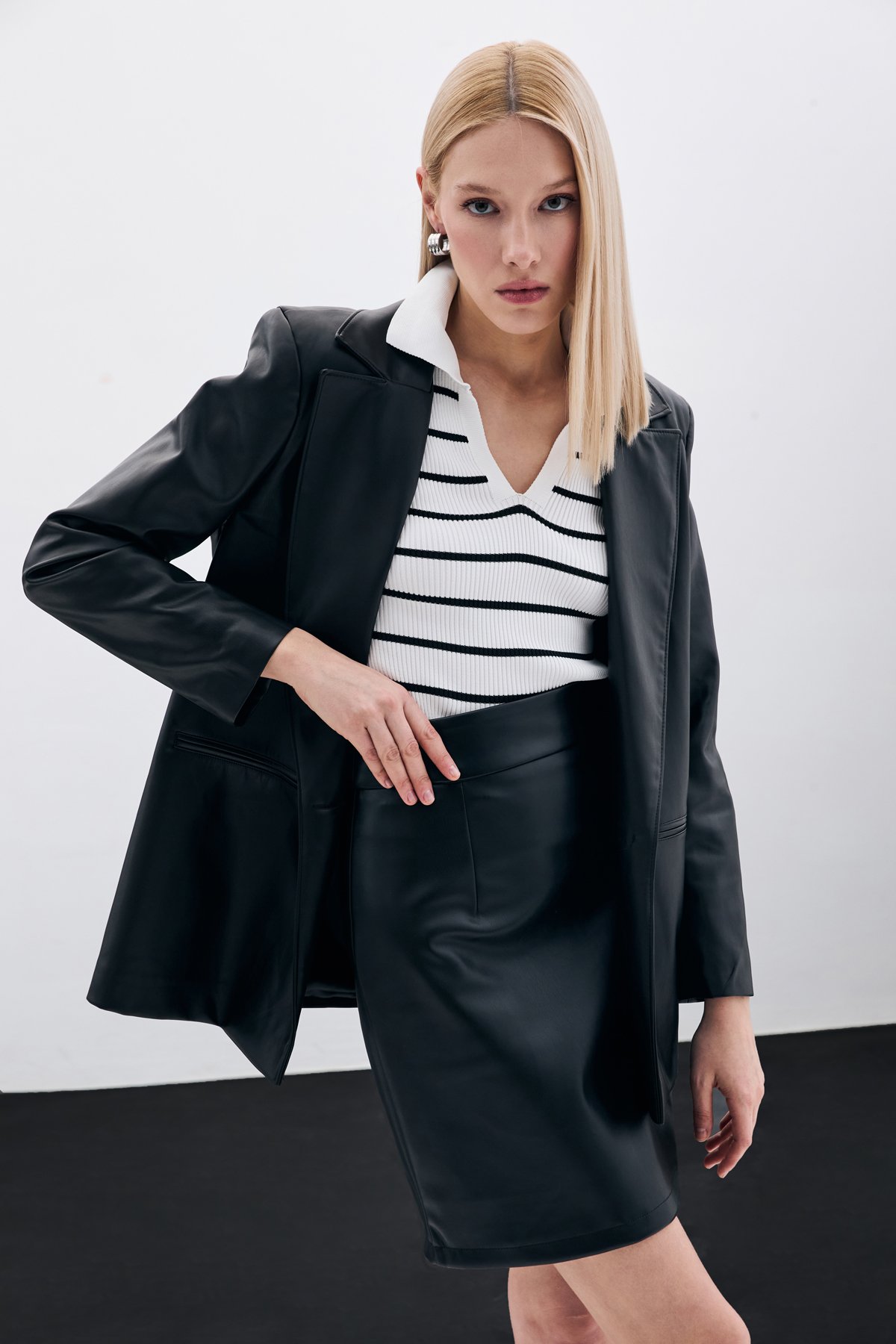 Şardonlu Deri Etek - Siyah