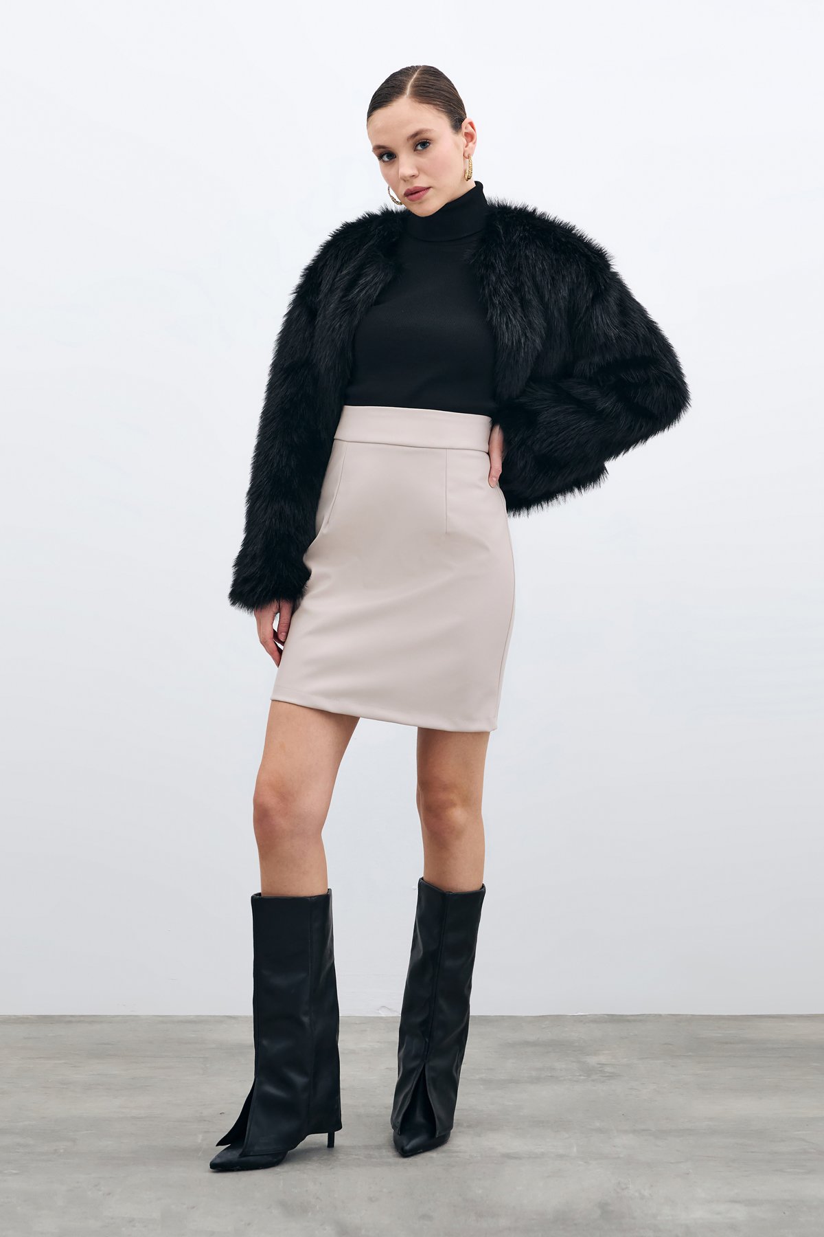 Şardonlu Deri Etek - Taş