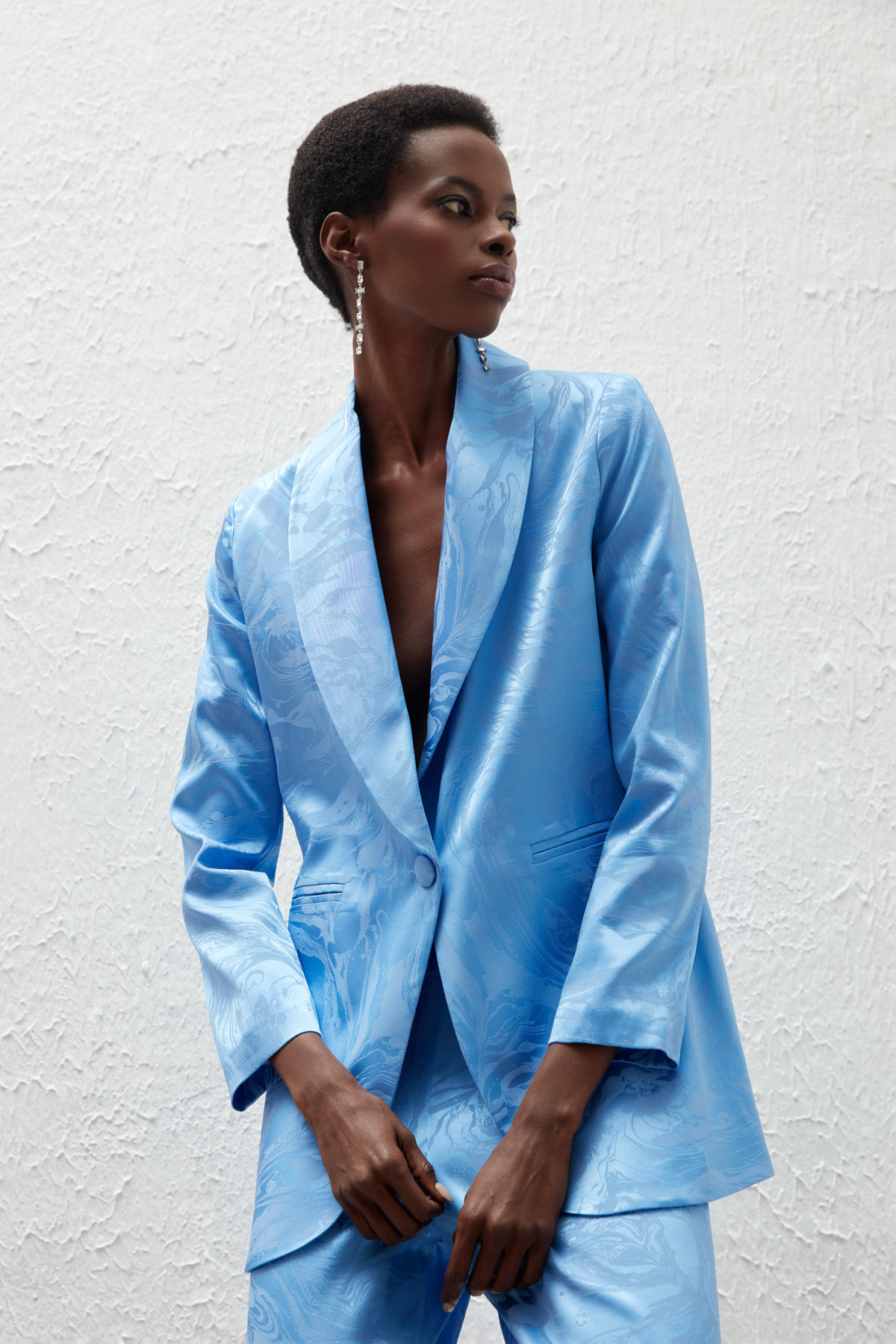 Saten Desenli Düğmeli Ceket - MAVİ