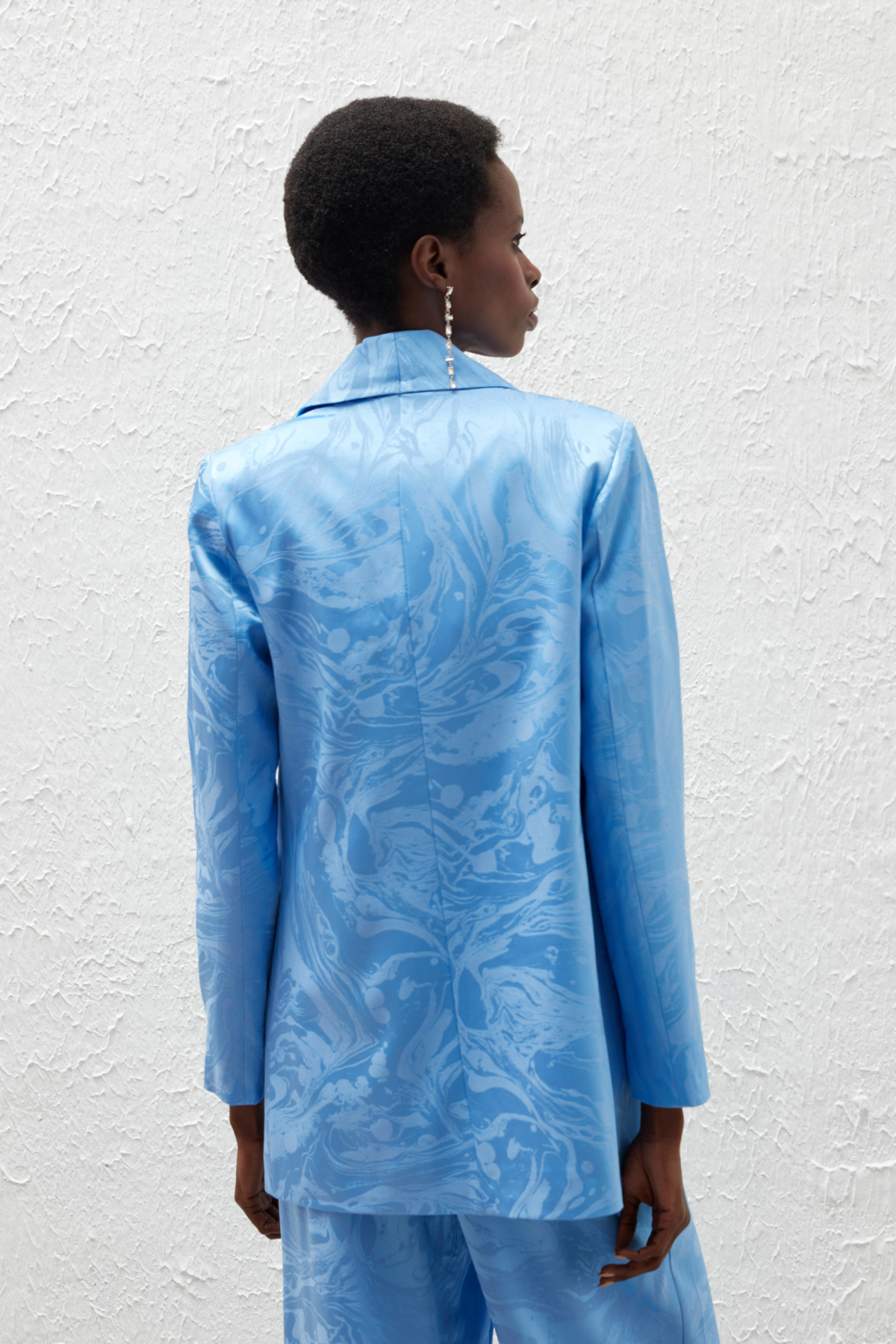 Saten Desenli Düğmeli Ceket - MAVİ