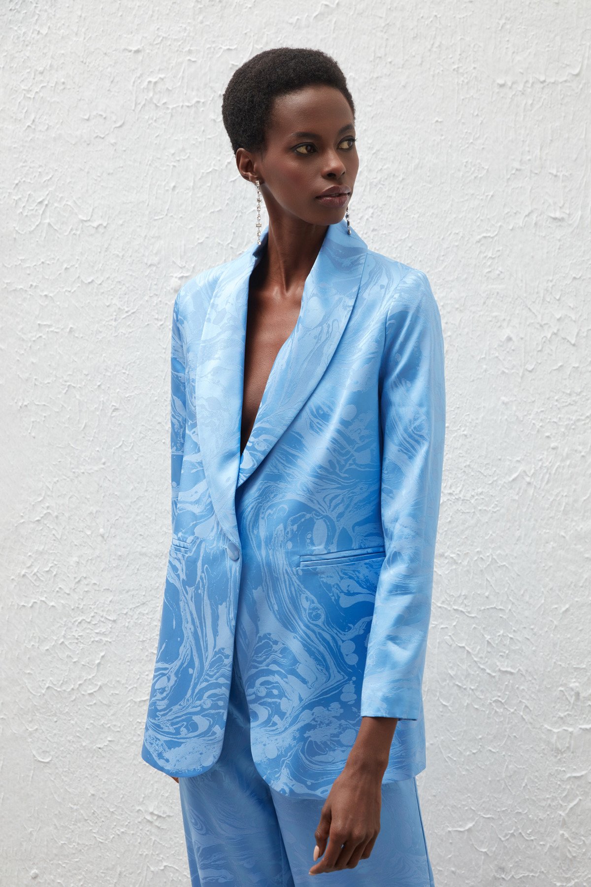 Saten Desenli Düğmeli Ceket - MAVİ