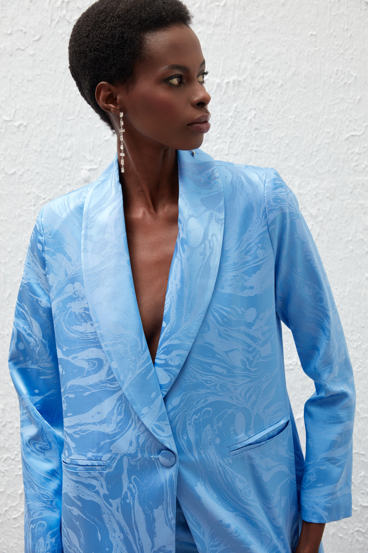 Saten Desenli Düğmeli Ceket - MAVİ