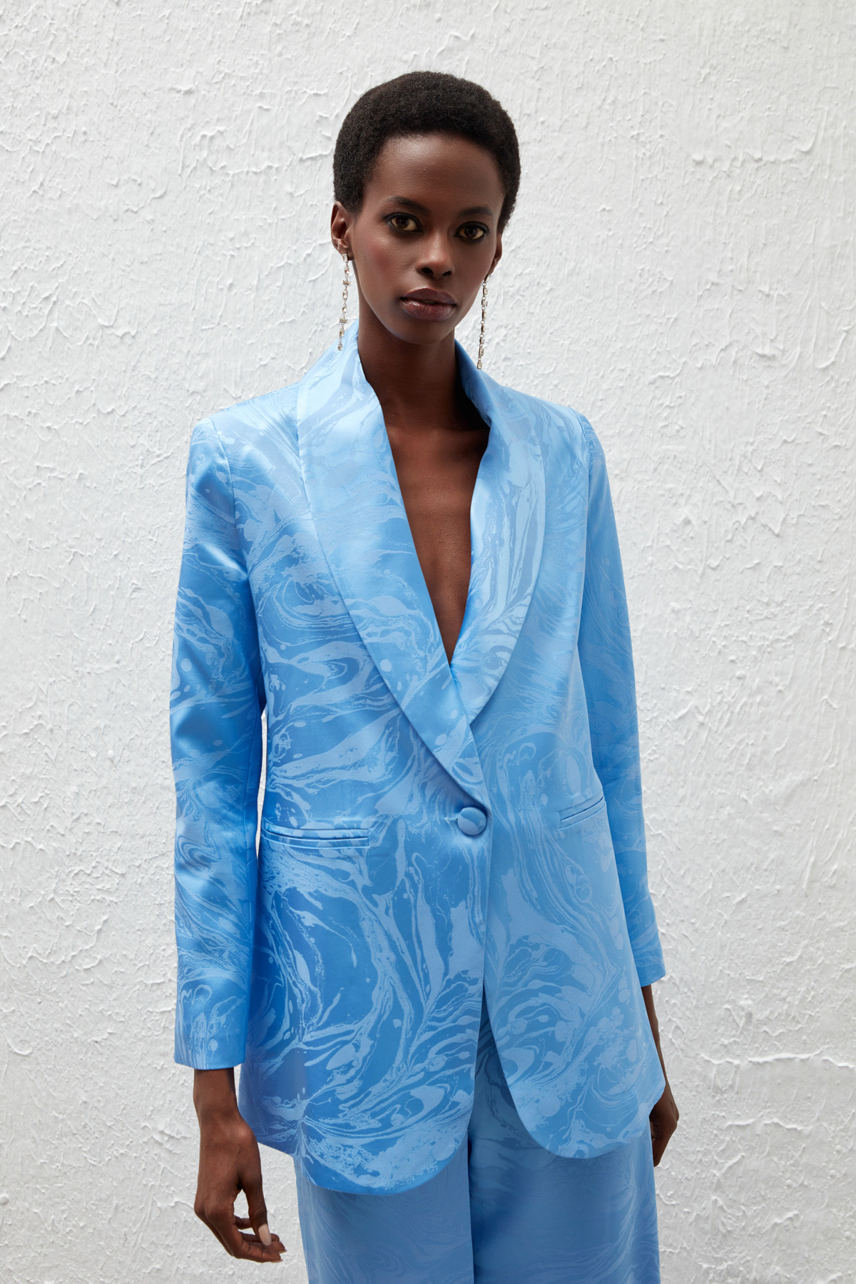 Saten Desenli Düğmeli Ceket - MAVİ