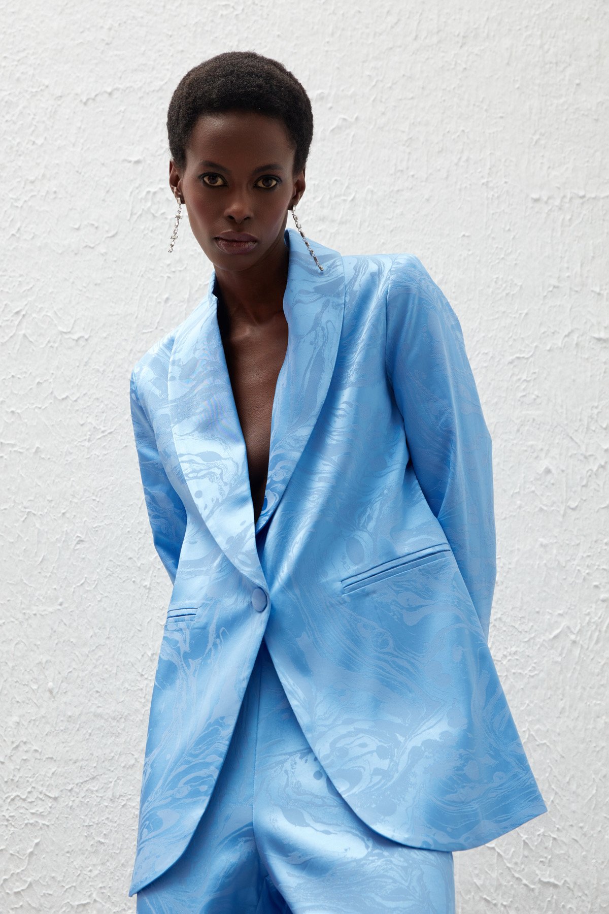 Saten Desenli Düğmeli Ceket - MAVİ