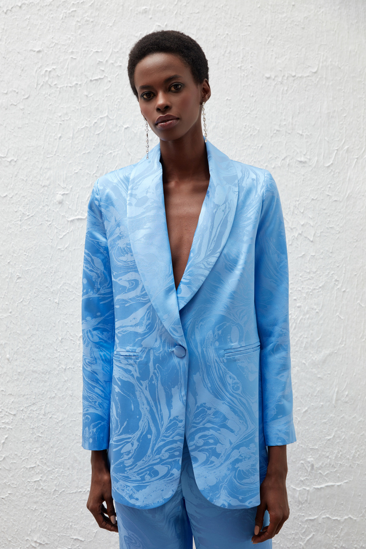 Saten Desenli Düğmeli Ceket - MAVİ