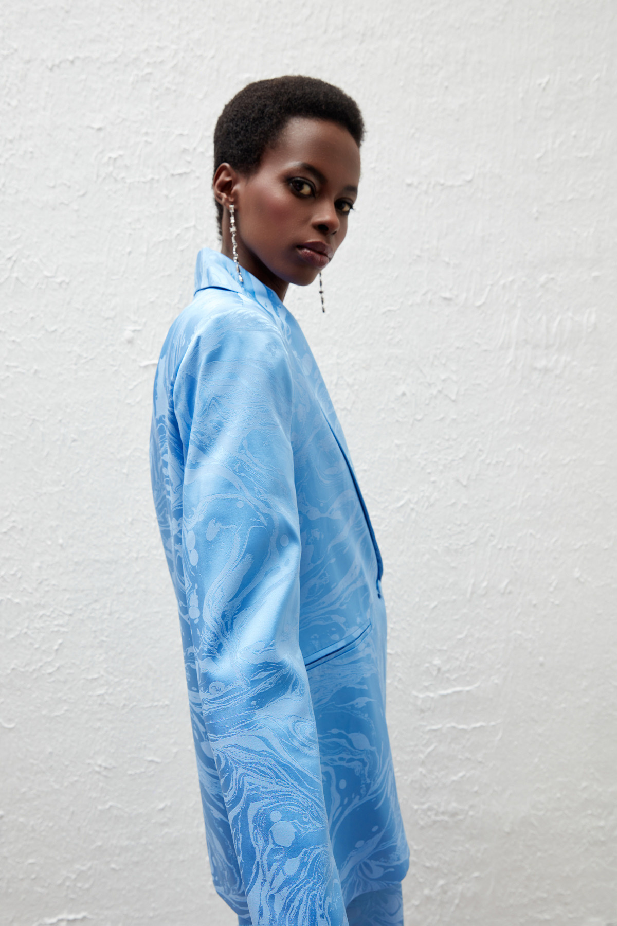 Saten Desenli Düğmeli Ceket - MAVİ