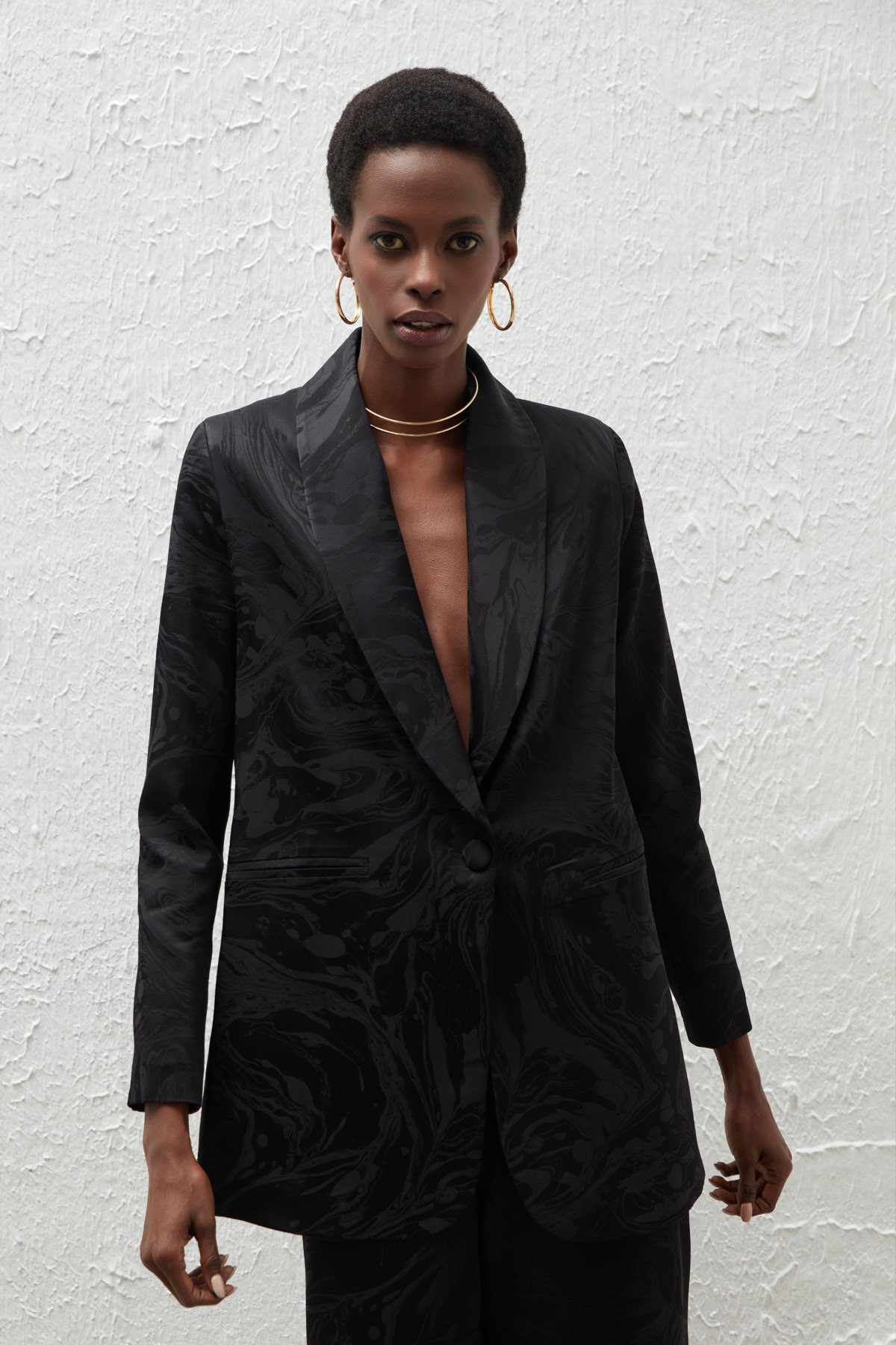 Saten Desenli Düğmeli Ceket - SİYAH