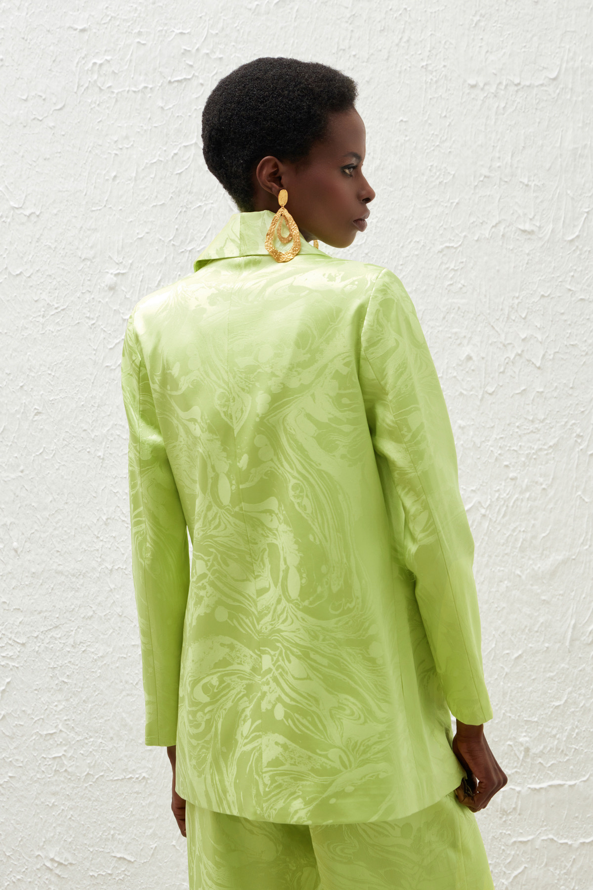 Saten Desenli Düğmeli Ceket - YAĞ YEŞİLİ