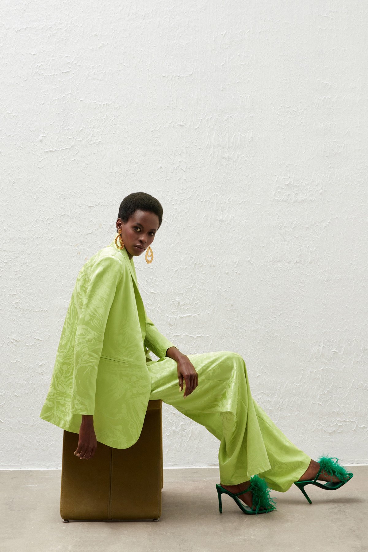 Saten Desenli Düğmeli Ceket - YAĞ YEŞİLİ