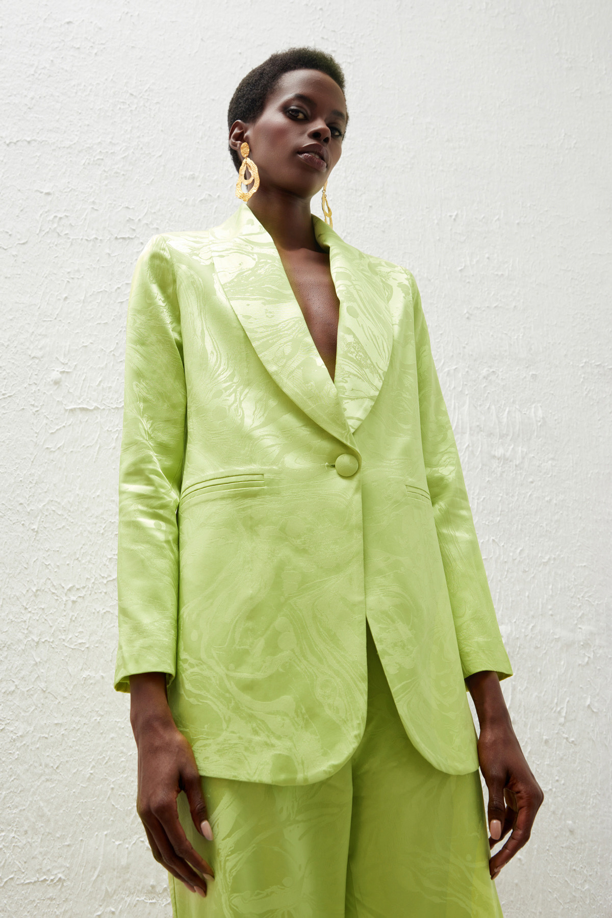 Saten Desenli Düğmeli Ceket - YAĞ YEŞİLİ