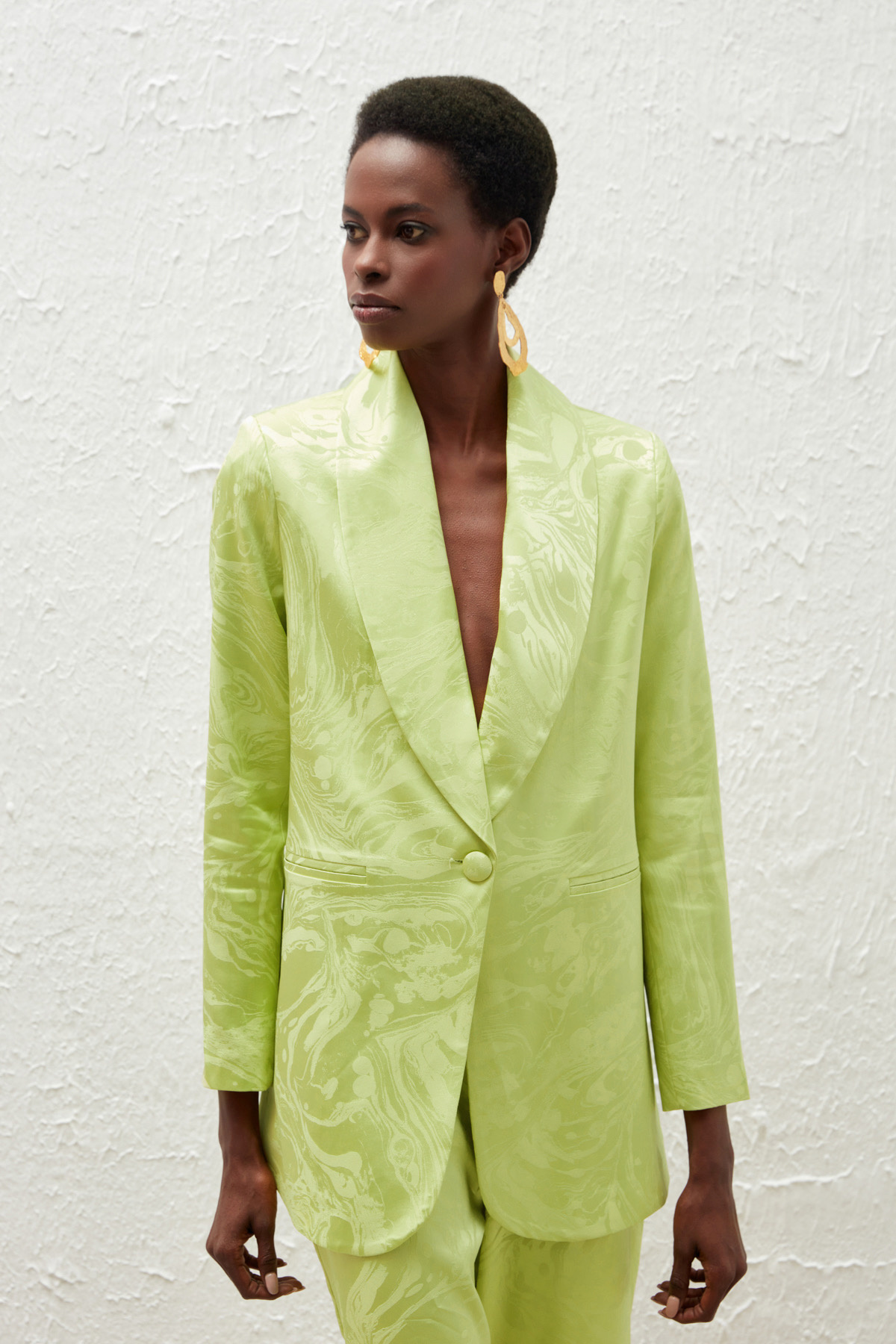 Saten Desenli Düğmeli Ceket - YAĞ YEŞİLİ