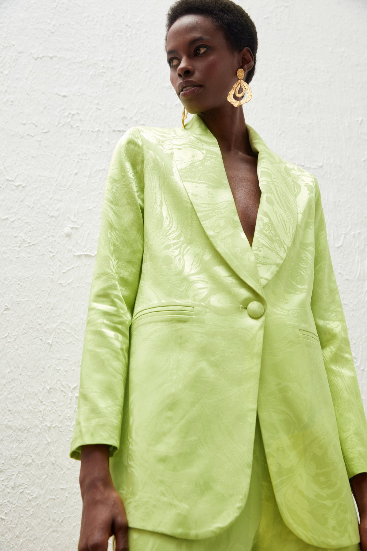 Saten Desenli Düğmeli Ceket - YAĞ YEŞİLİ