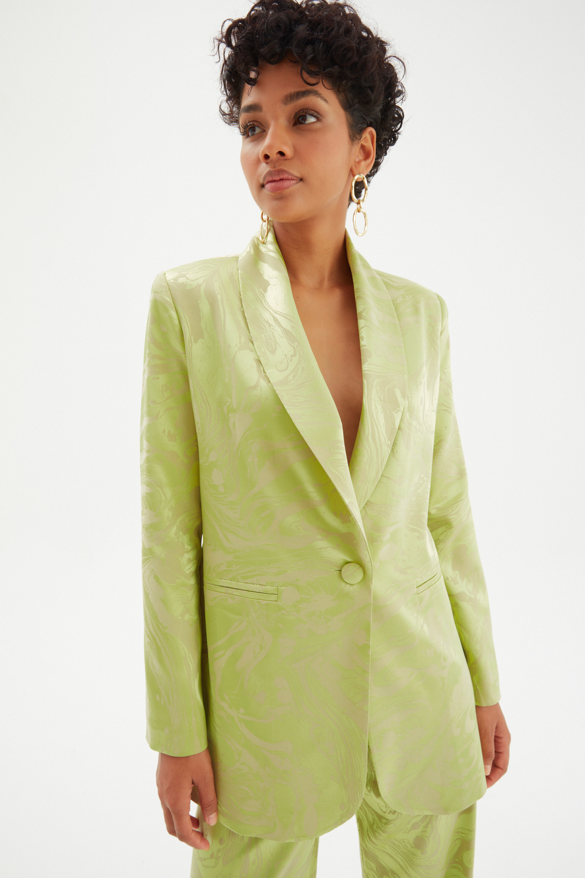 Saten Desenli Düğmeli Gömlek - YEŞİL