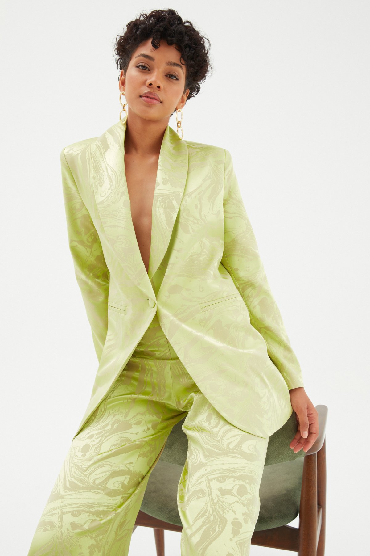 Saten Desenli Düğmeli Gömlek - YEŞİL