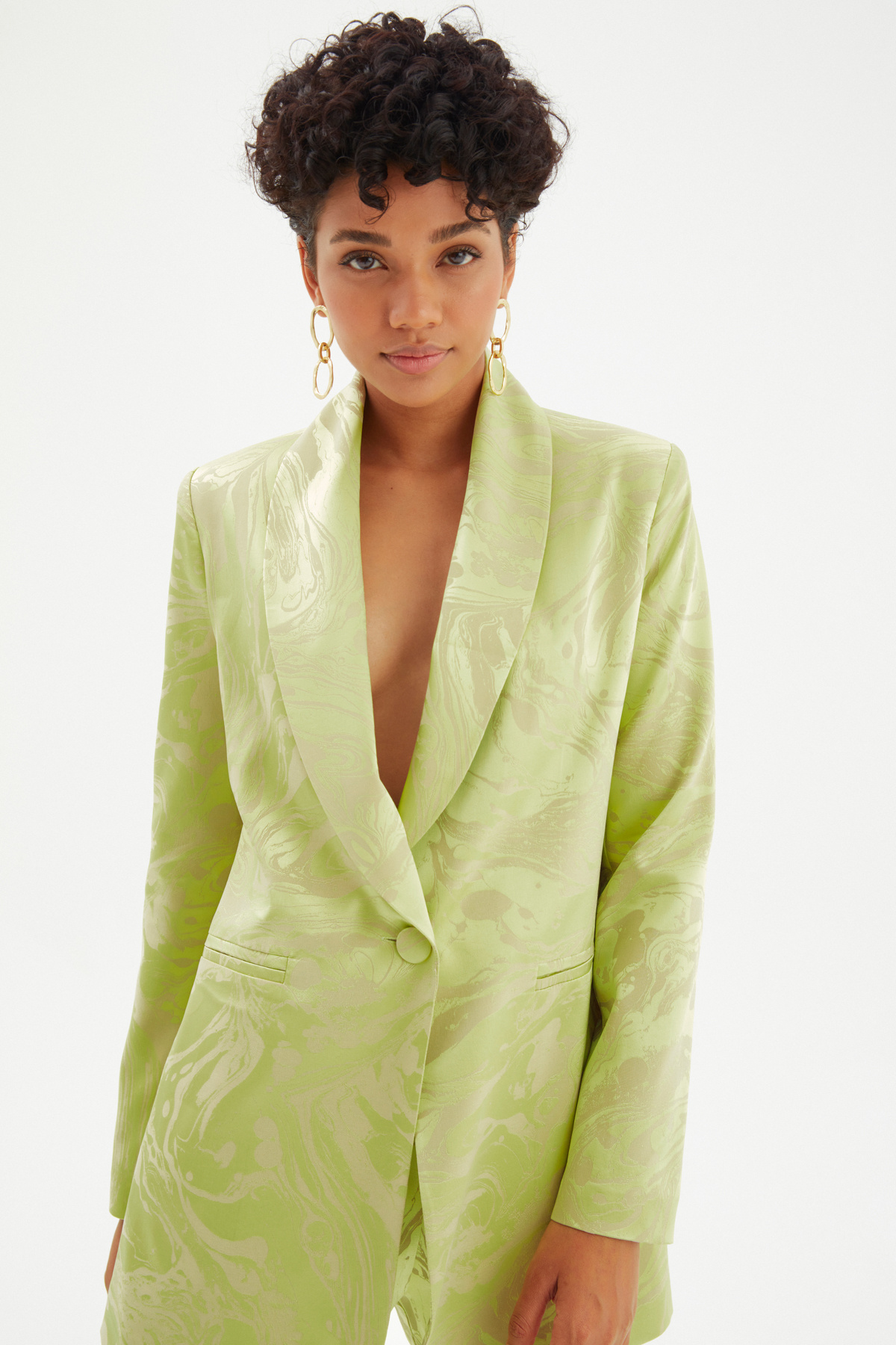 Saten Desenli Düğmeli Gömlek - YEŞİL