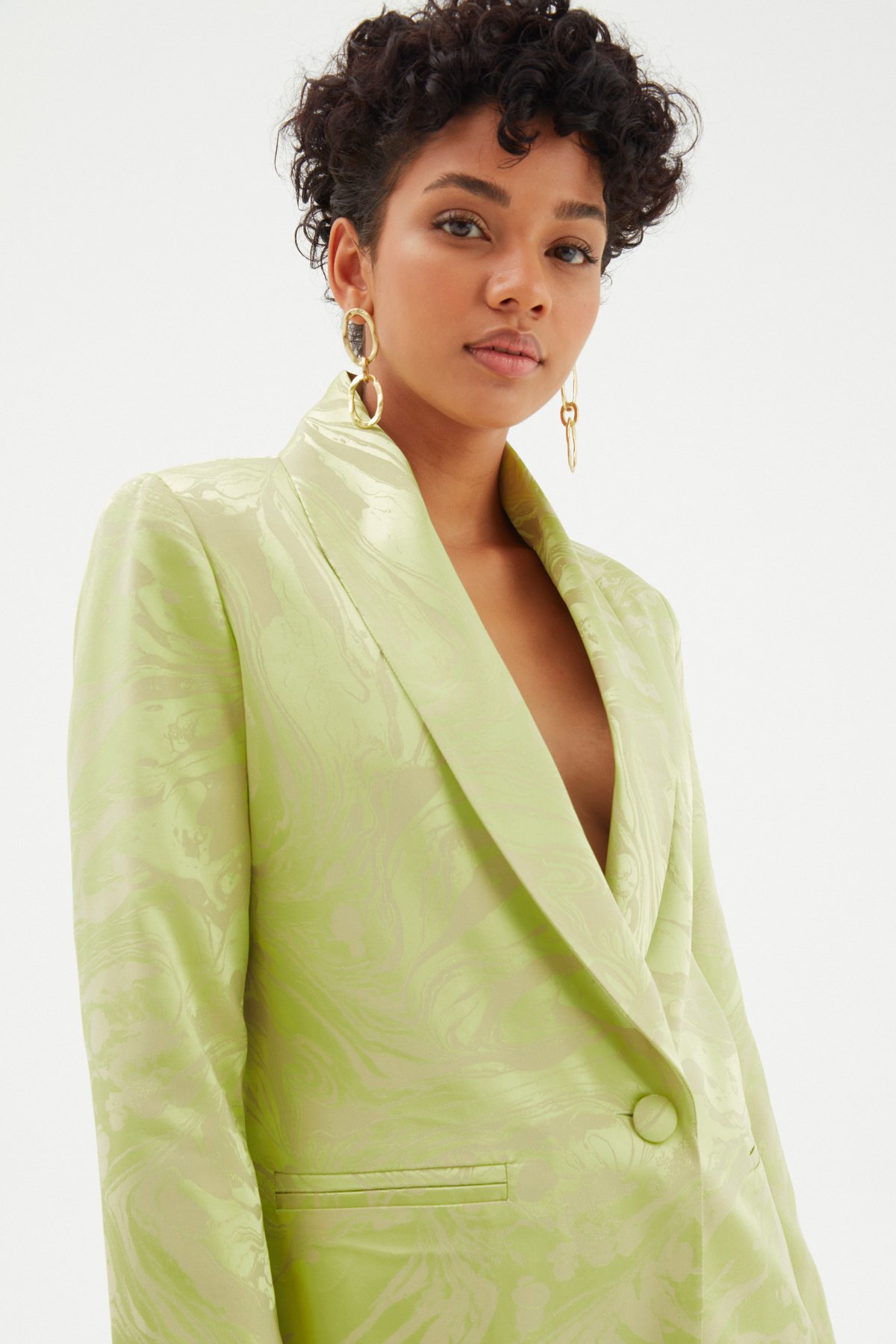 Saten Desenli Düğmeli Gömlek - YEŞİL