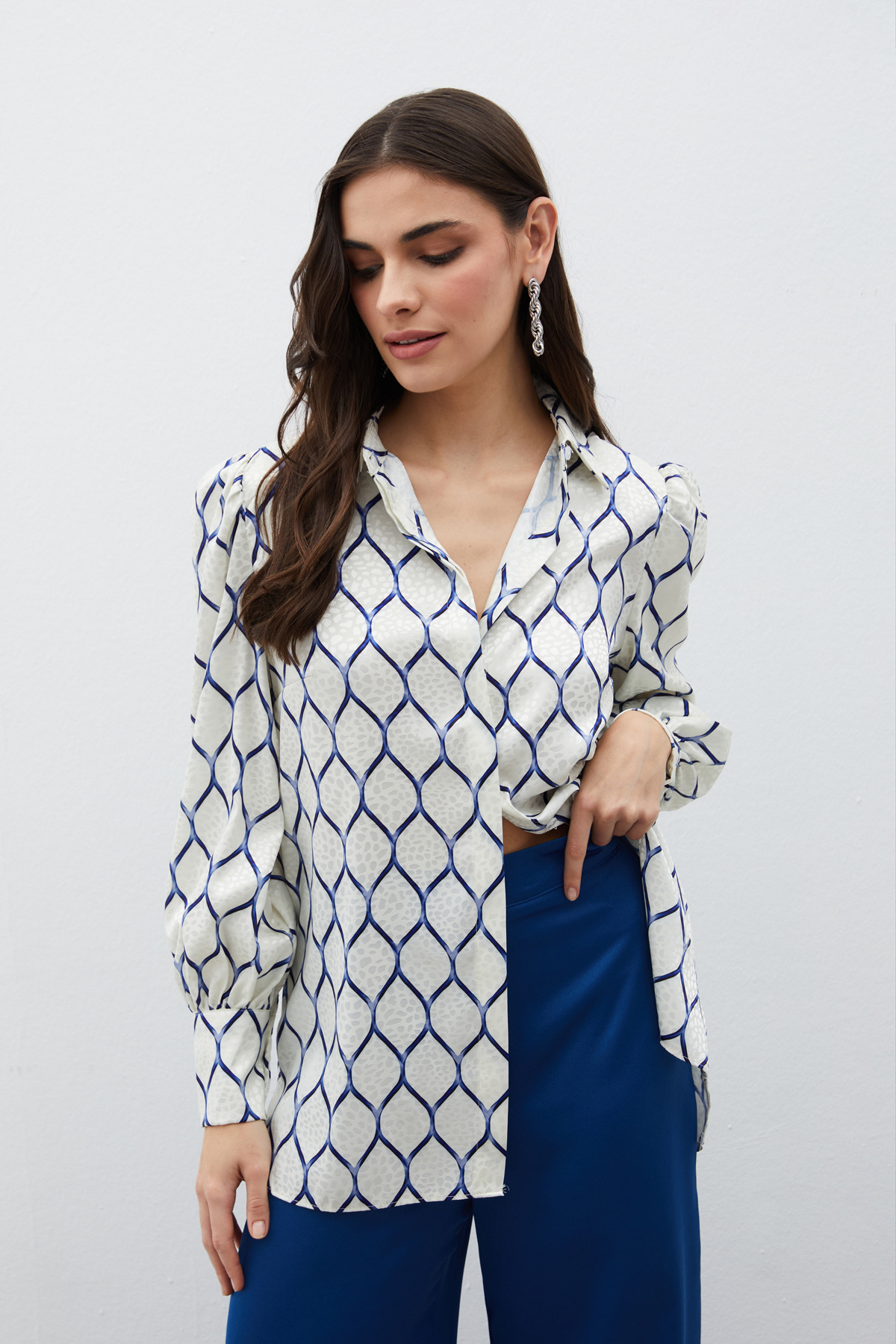 Saten Desenli Gömlek - SAX MAVİ
