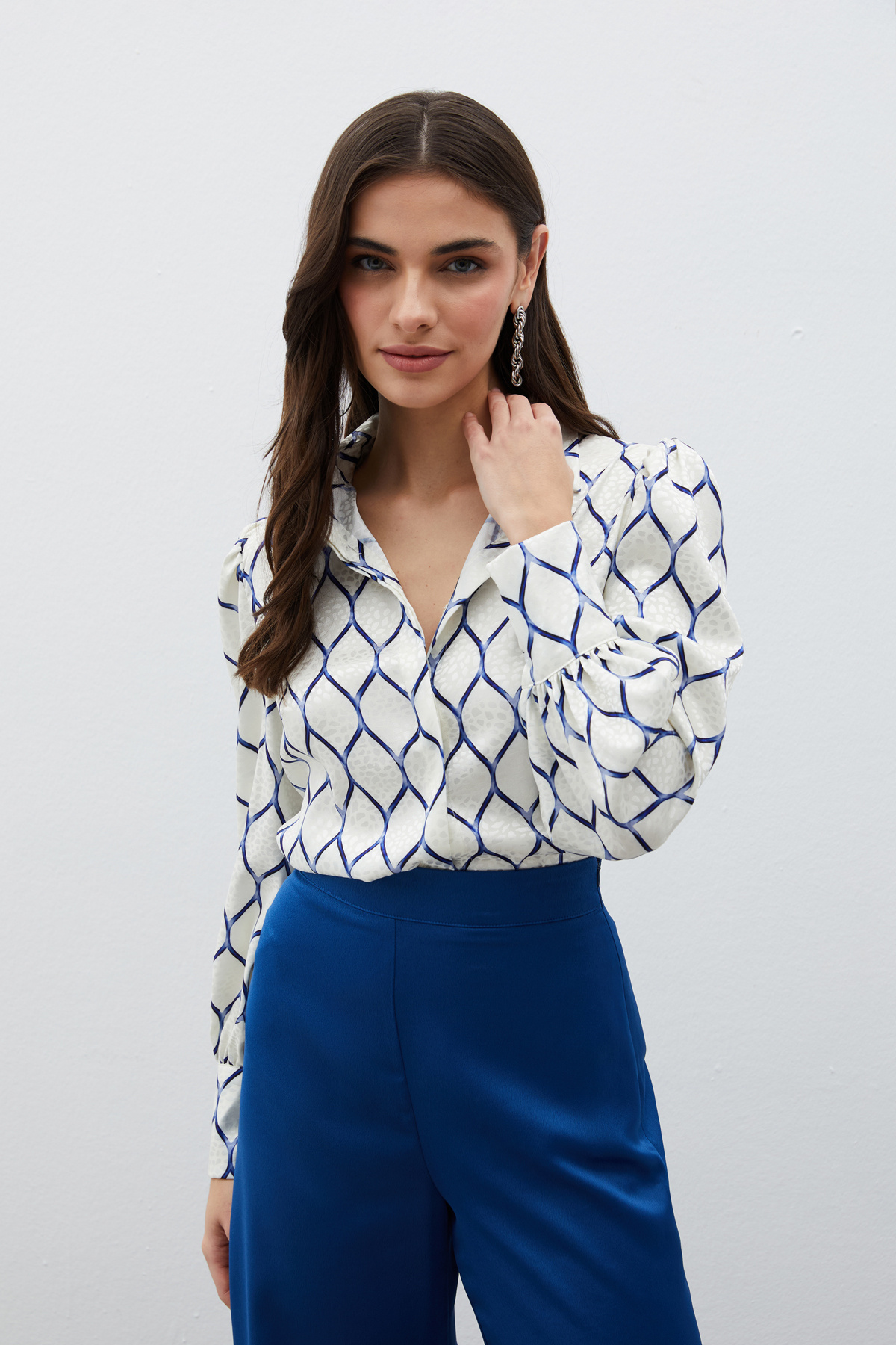 Saten Desenli Gömlek - SAX MAVİ