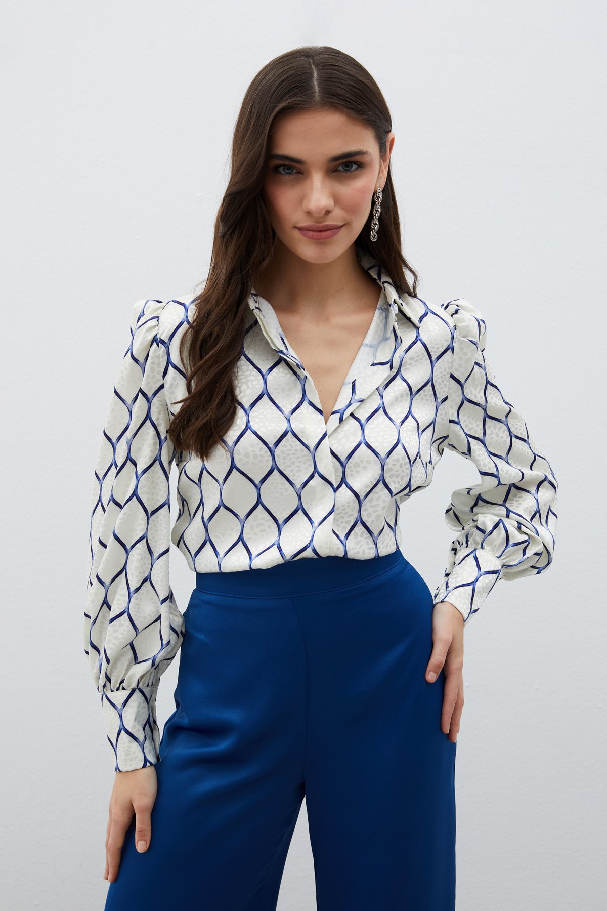 Saten Desenli Gömlek - SAX MAVİ