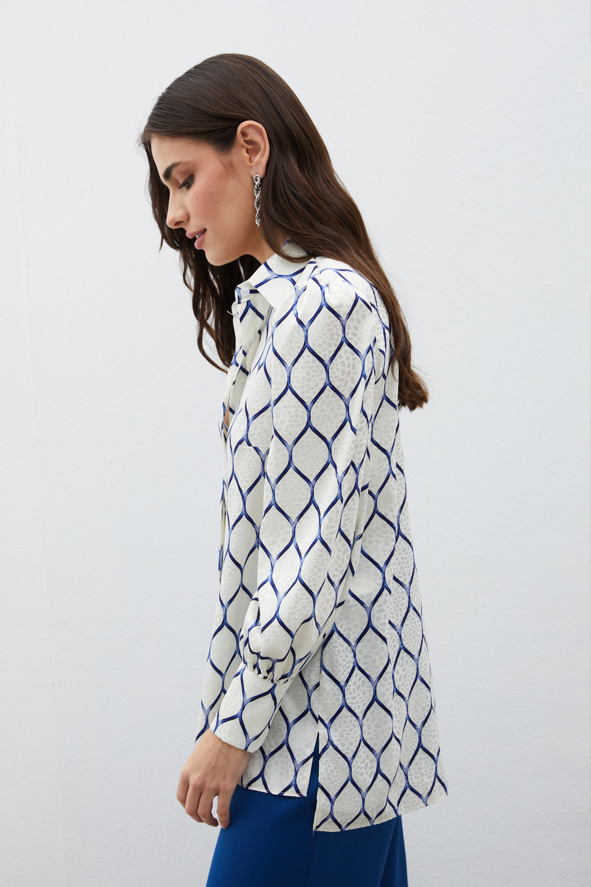 Saten Desenli Gömlek - SAX MAVİ