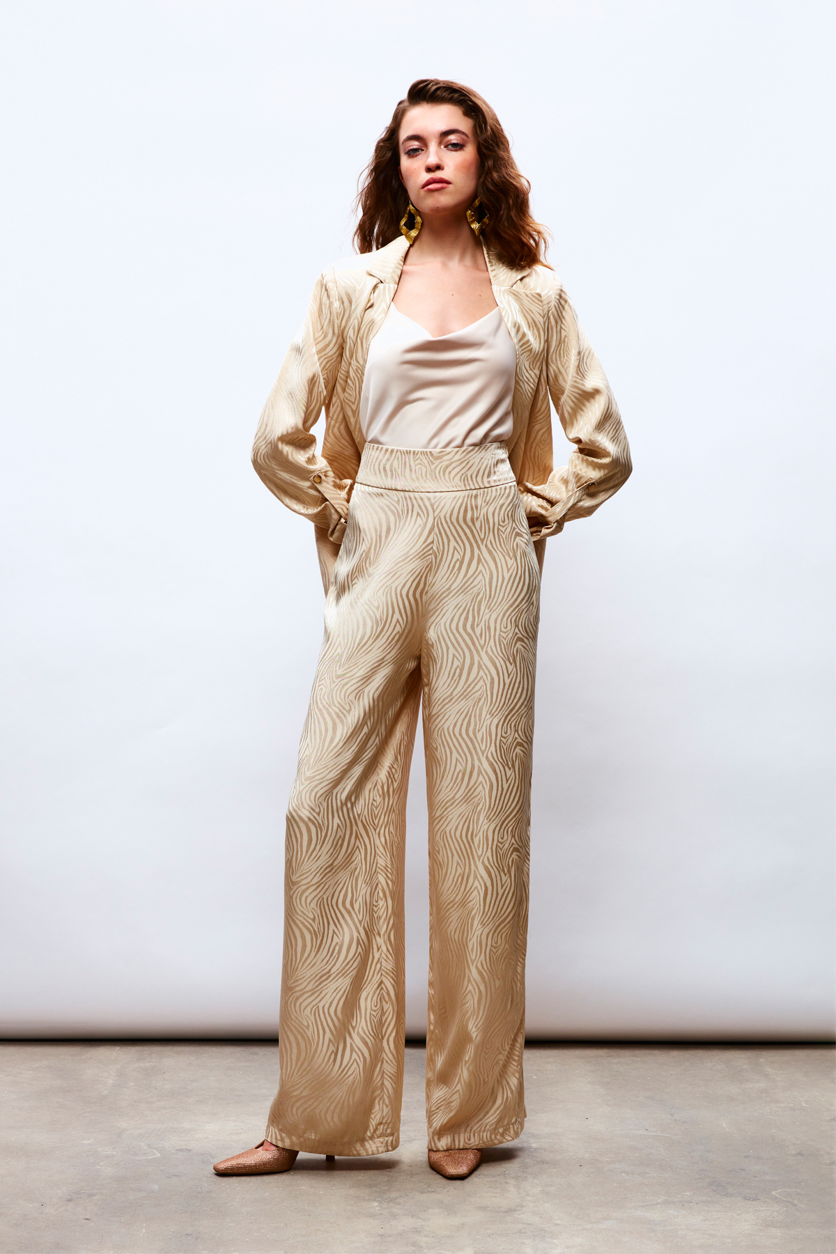 Saten Desenli Pantolon - BEJ