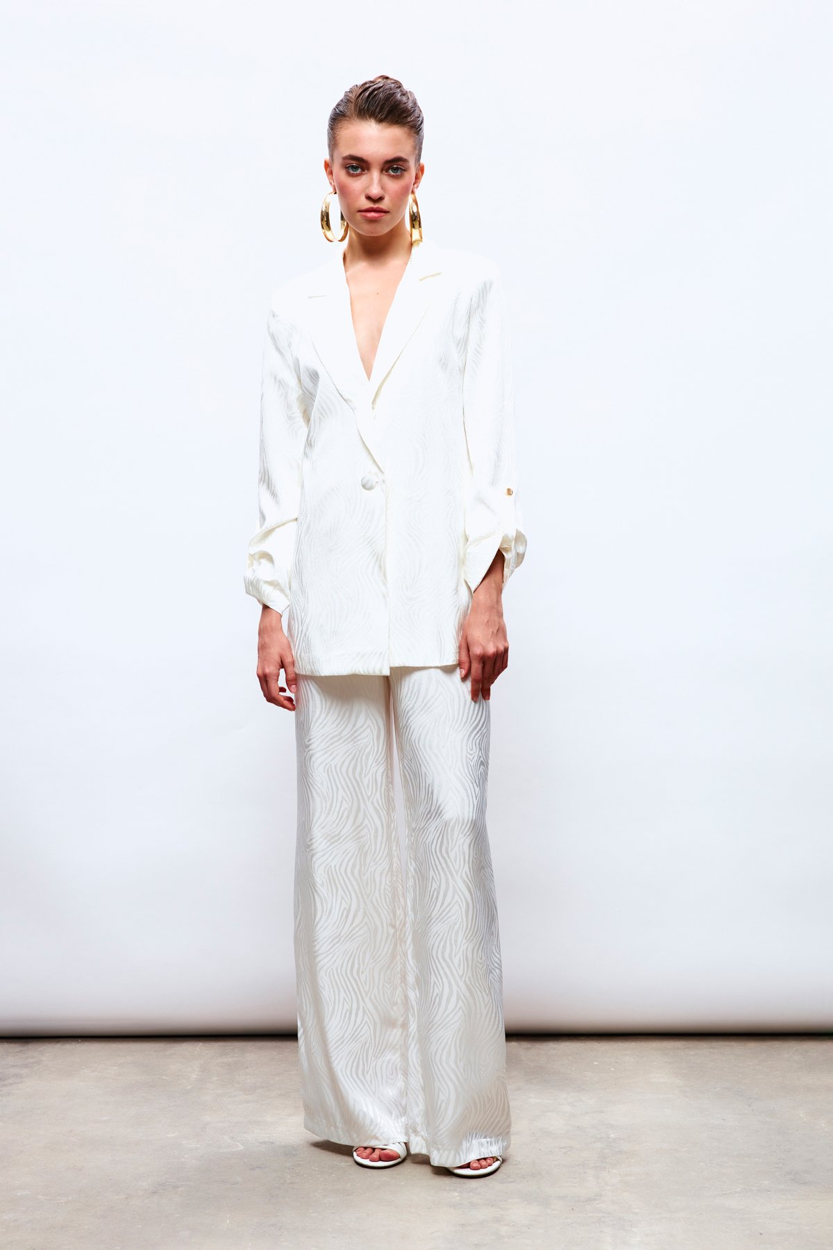 Saten Desenli Pantolon - EKRU