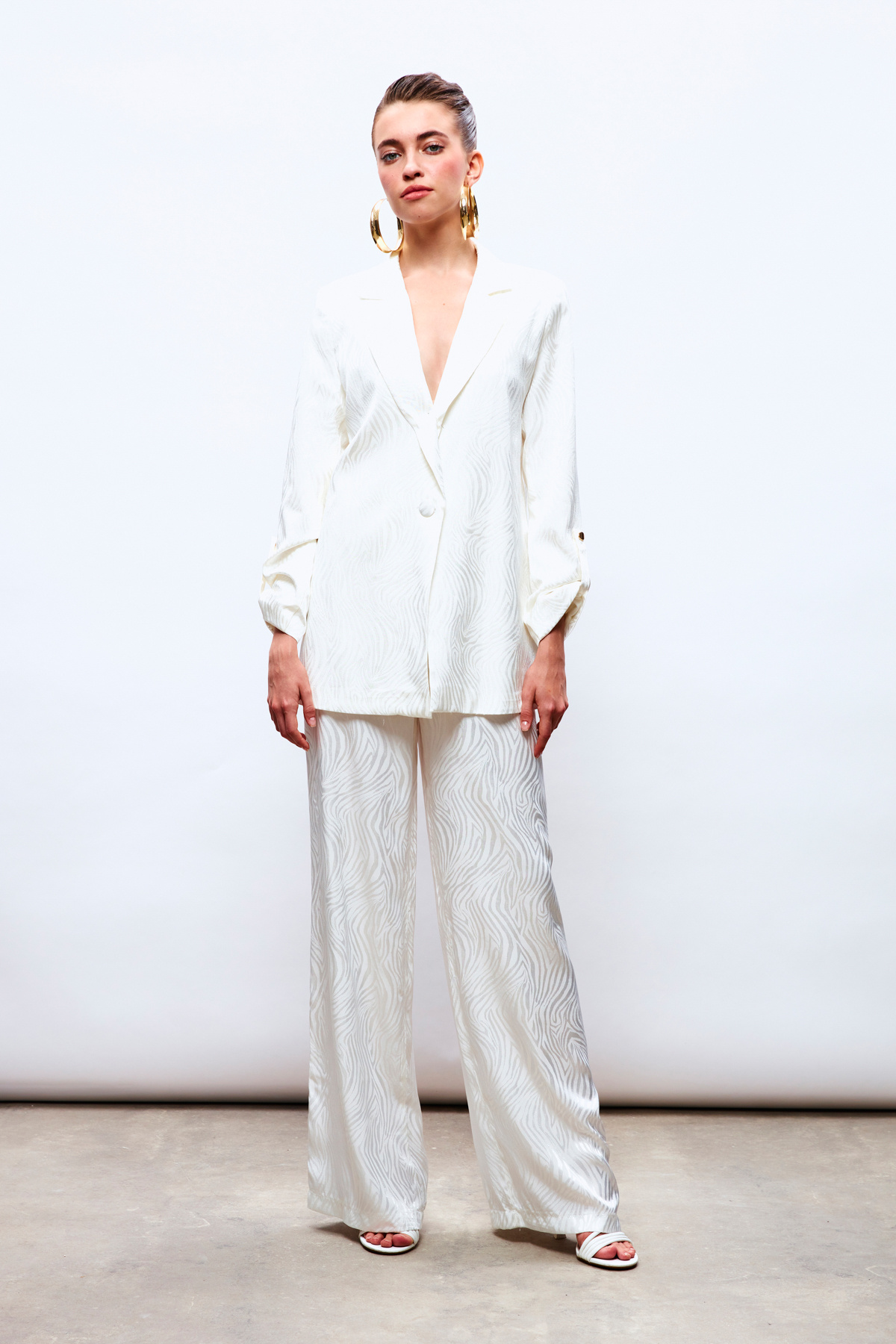 Saten Desenli Pantolon - EKRU