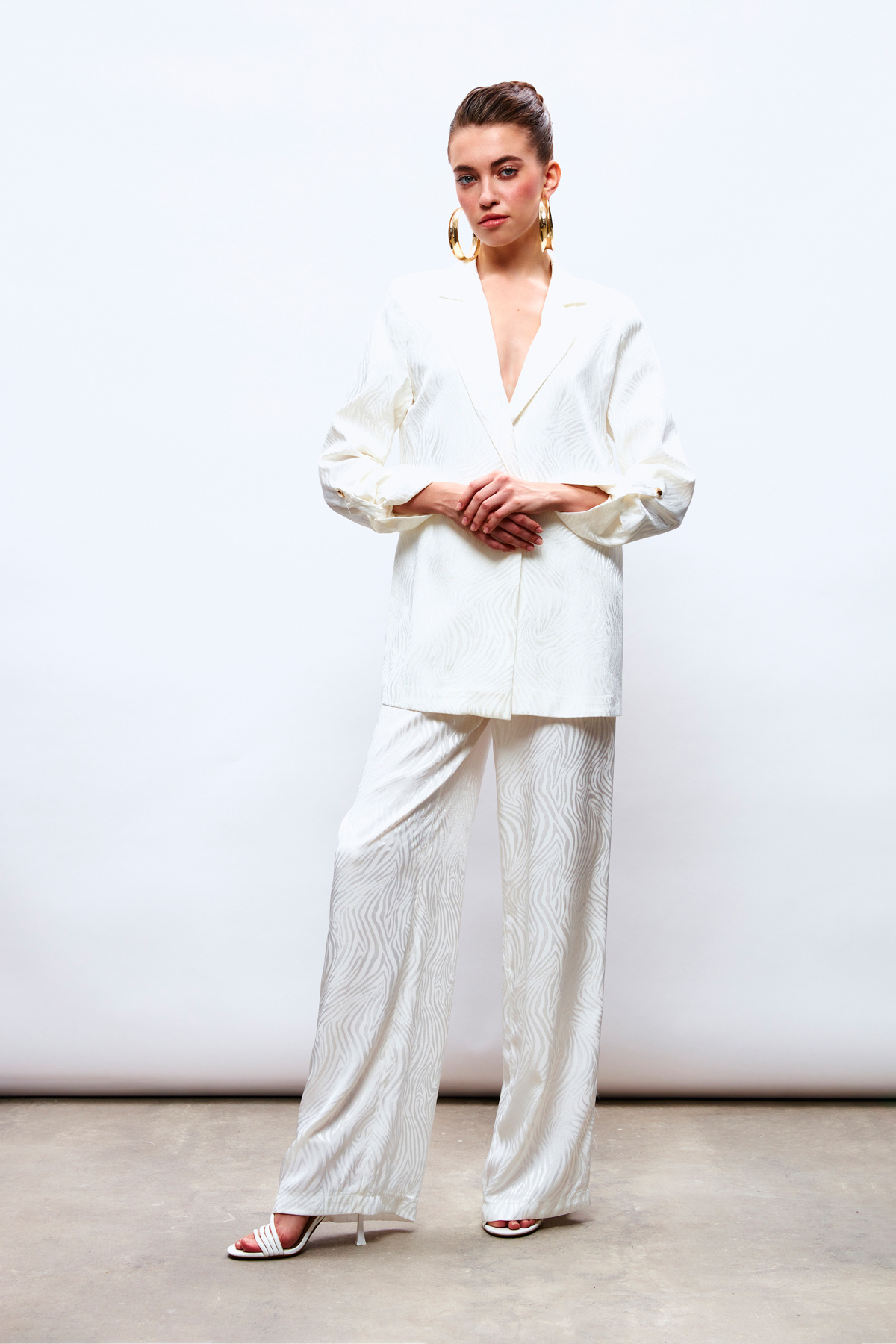 Saten Desenli Pantolon - EKRU